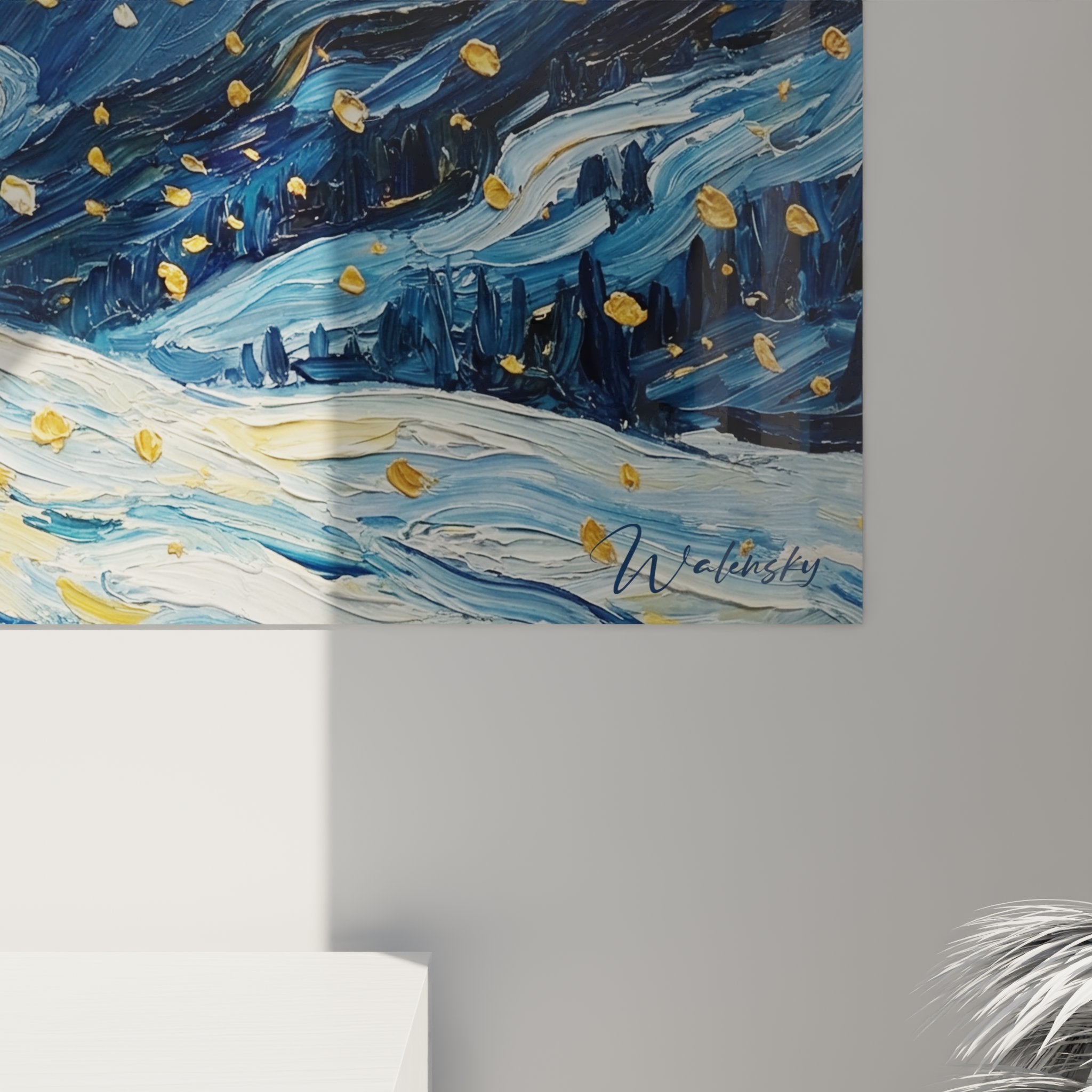 Vista d'insieme quadro Mont Bianco rifugio inverno appeso parete salotto decorazione arte montagna