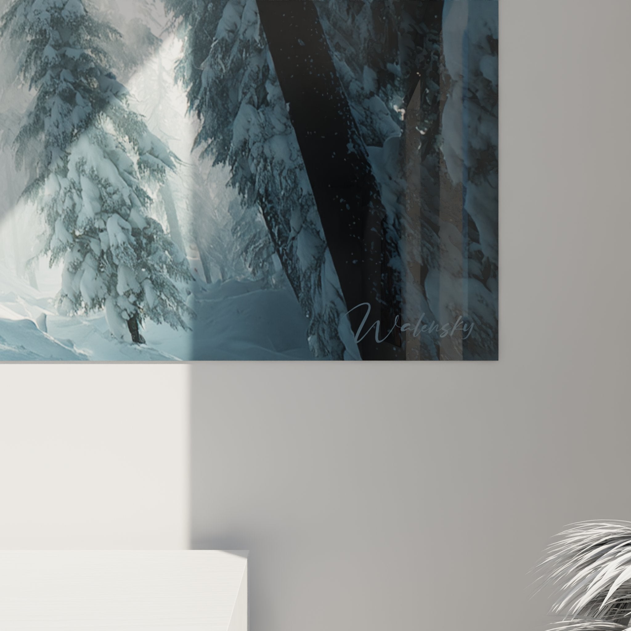 Vue ensemble tableau snowboard poudreuse foret decoration murale art sport hiver montagne rider freeride sapins neige