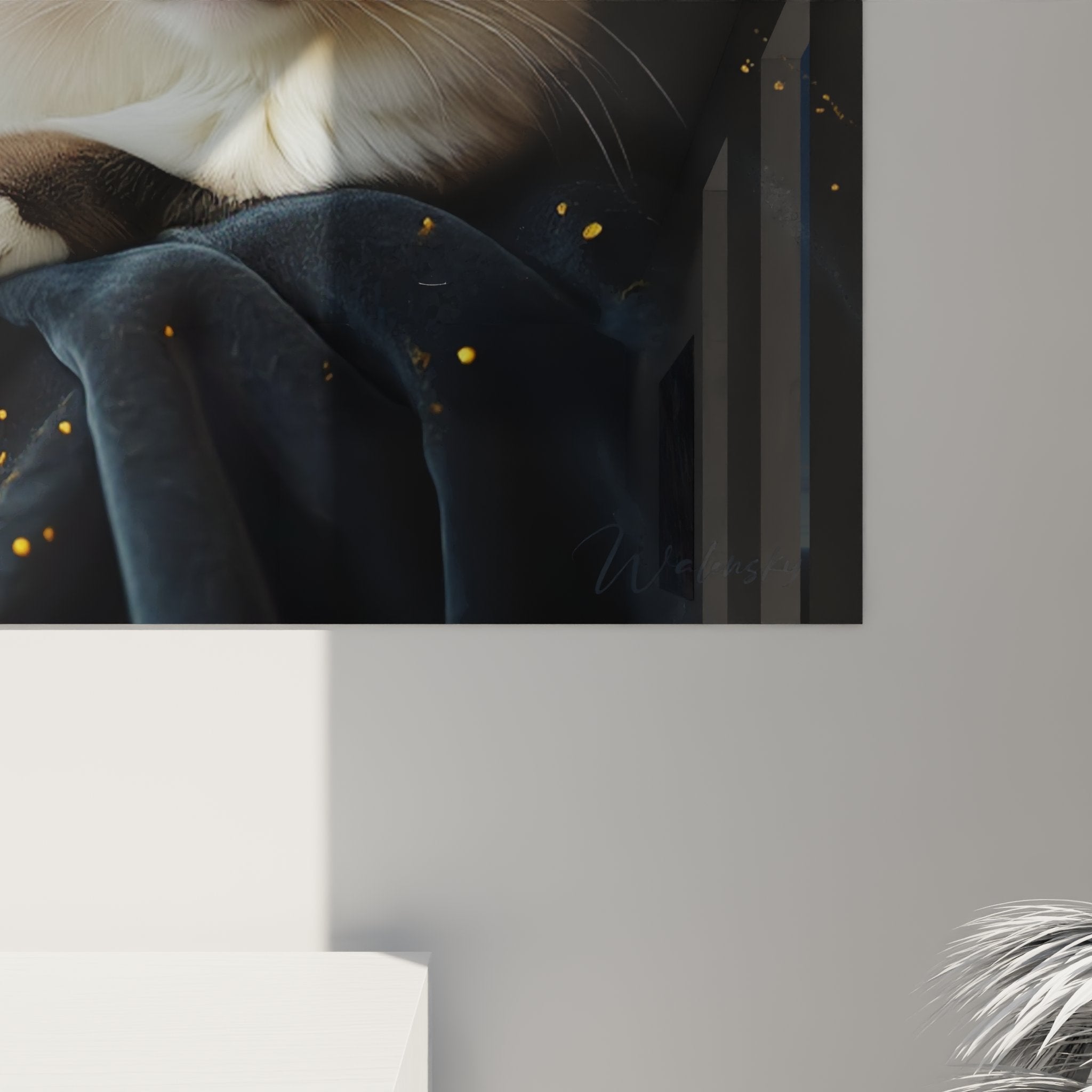 Overview of Birman cat artwork in living room, elegant wall decoration, contemporary animal art