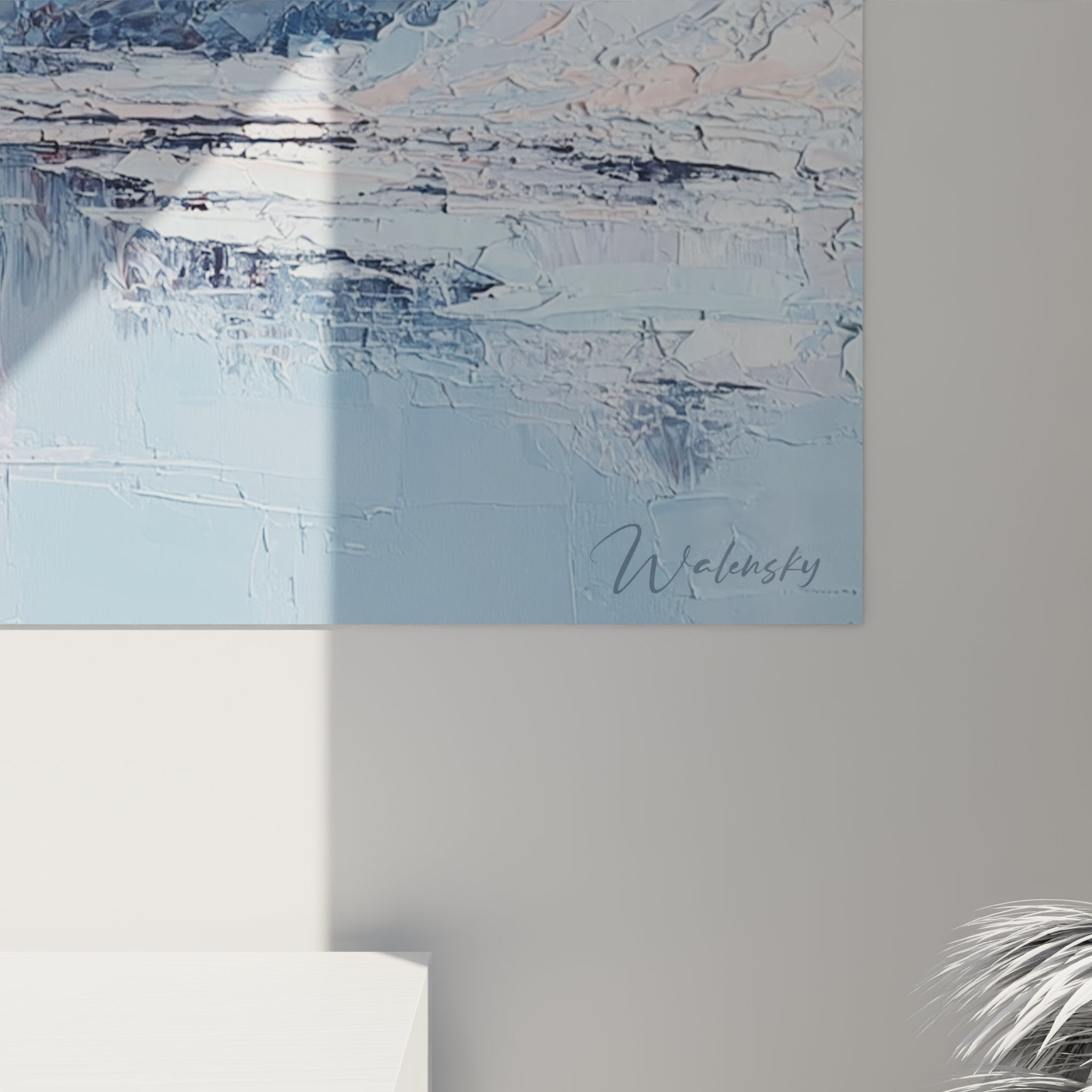 Vista d'insieme quadro paesaggio montano lago riflessi vette innevate decorazione interiore