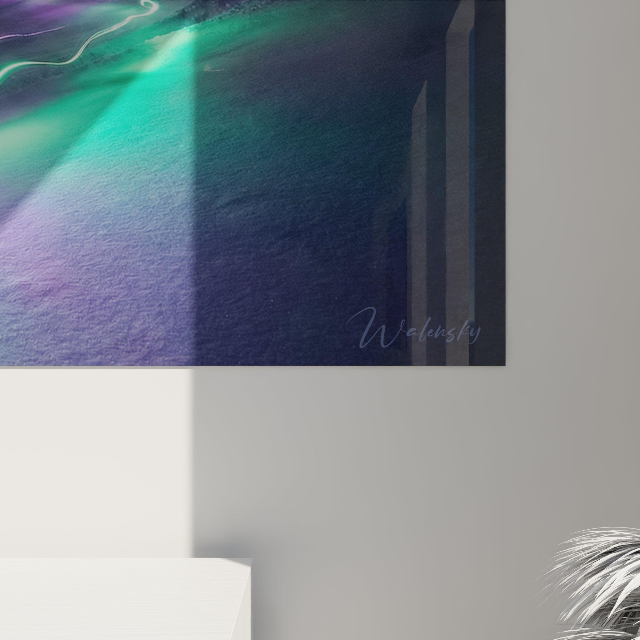 Vue d'ensemble tableau mural snowboard aurores boréales dans salon contemporain decoration sport hiver