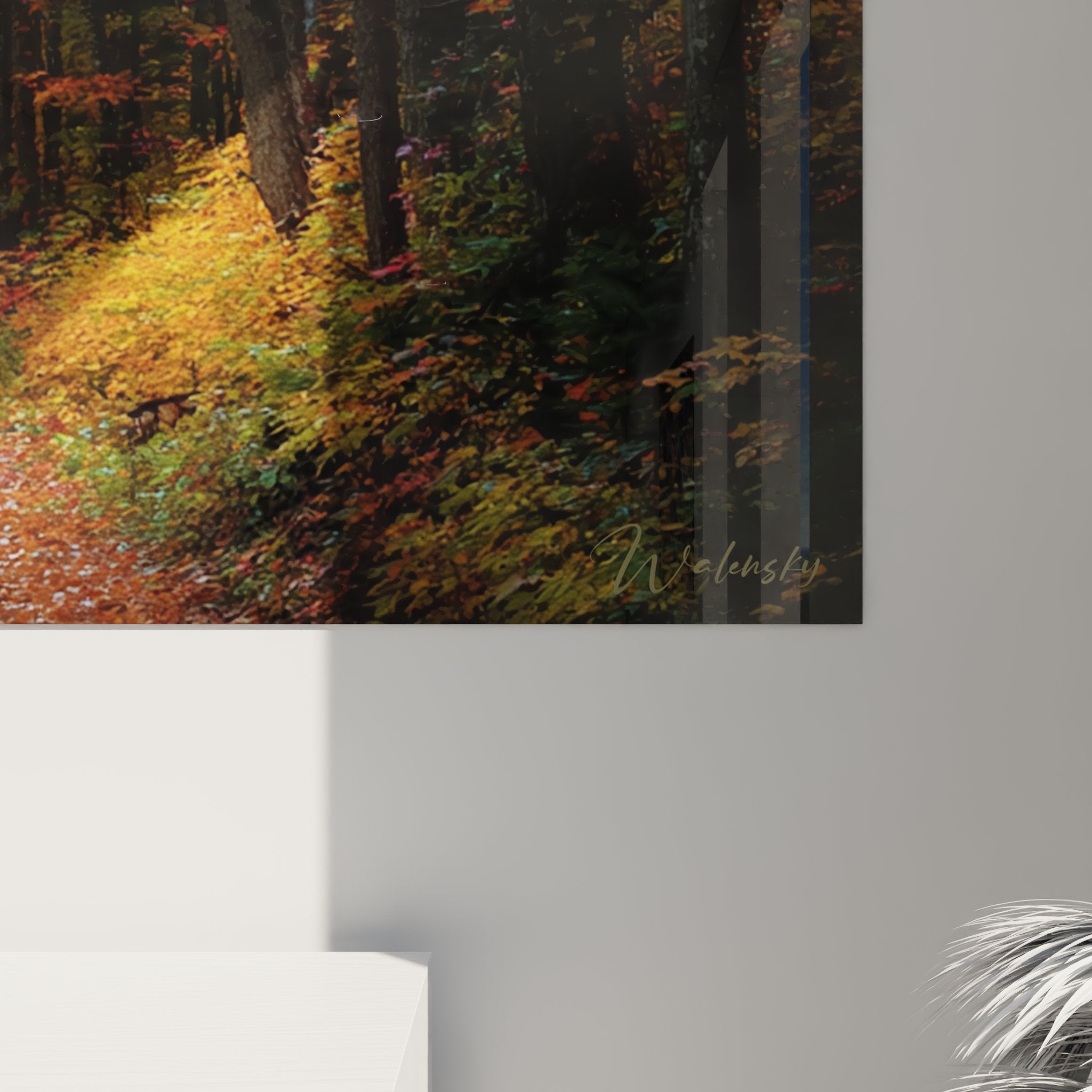Vue d'ensemble tableau VTT sentier automnal, composition paysage foret coloree, decoration murale nature sport