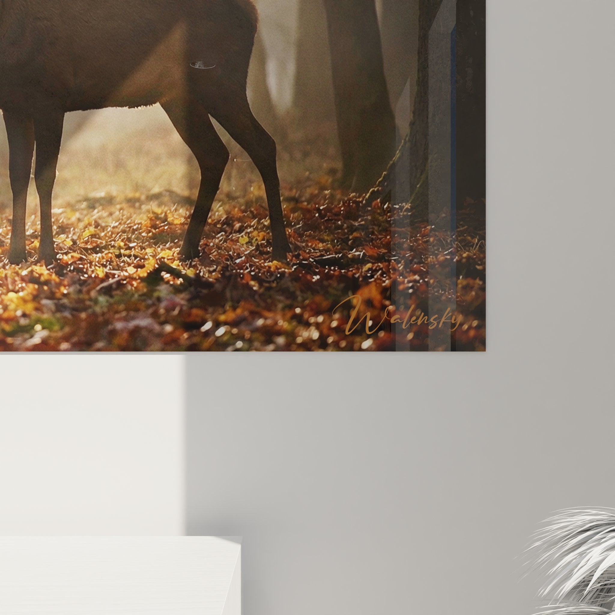 Vue ensemble tableau cerf forêt decoration murale chasse tons dorés cuivrés