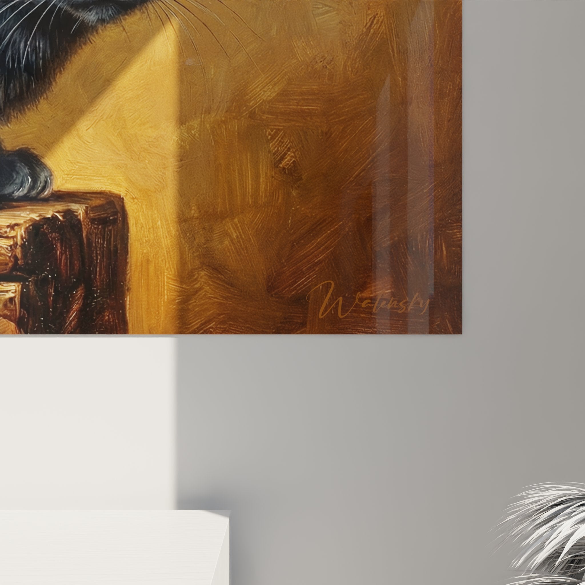 Vista panoramica quadro murale gatto Korat in salotto, decorazione felina elegante, arte animalier contemporanea