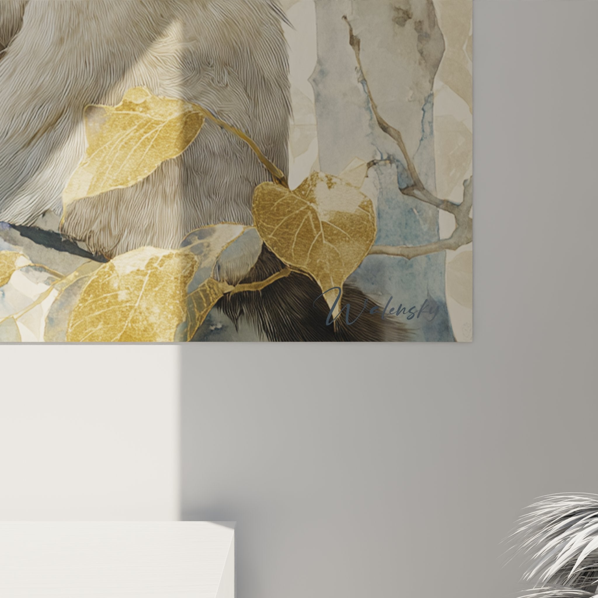 Vista d'insieme quadro murale gatto Birmano con fogliame autunnale decorazione parete salotto atmosfera calda ed elegante