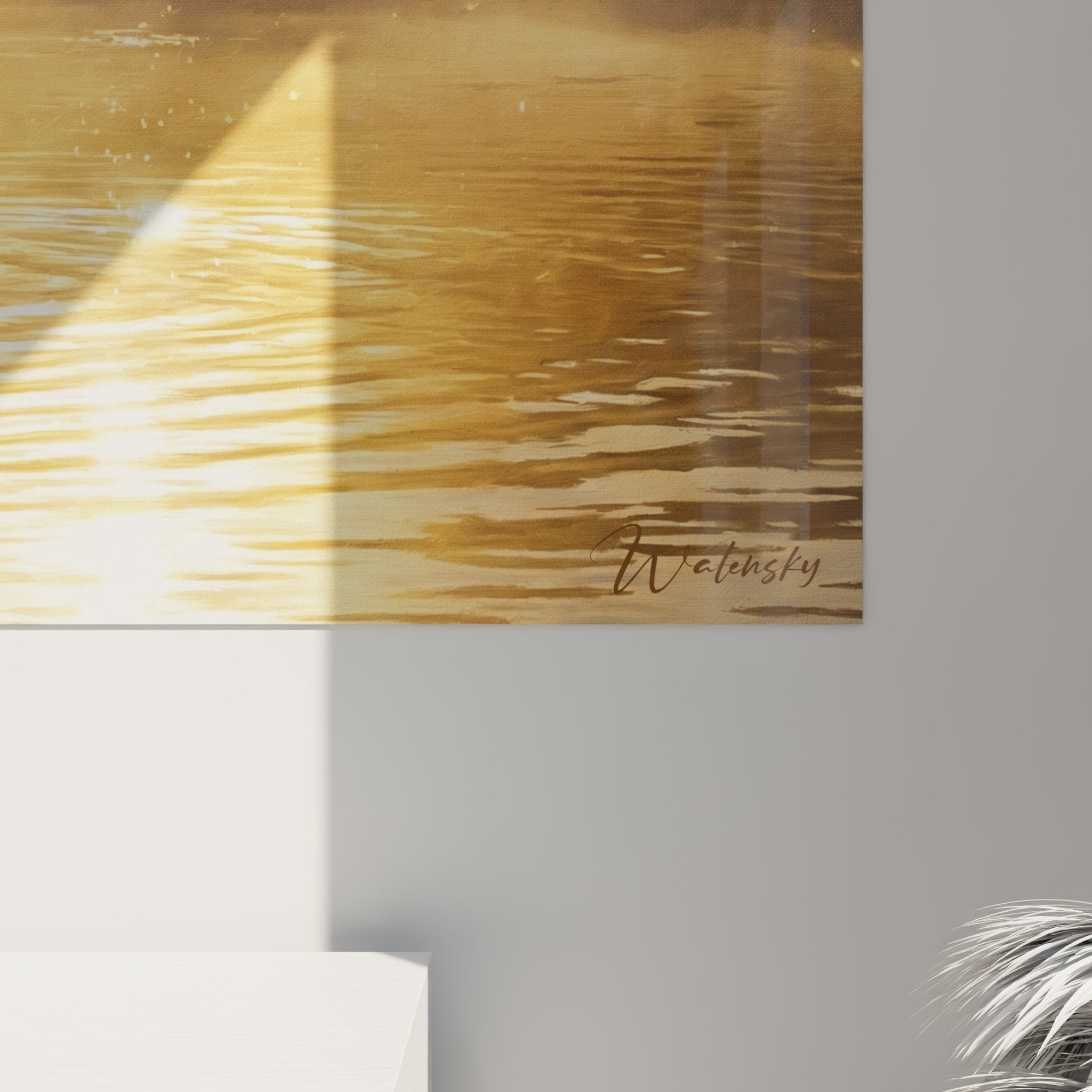 Vue d'ensemble tableau mural jetski coucher soleil dans intérieur contemporain avec mise en scène décorative