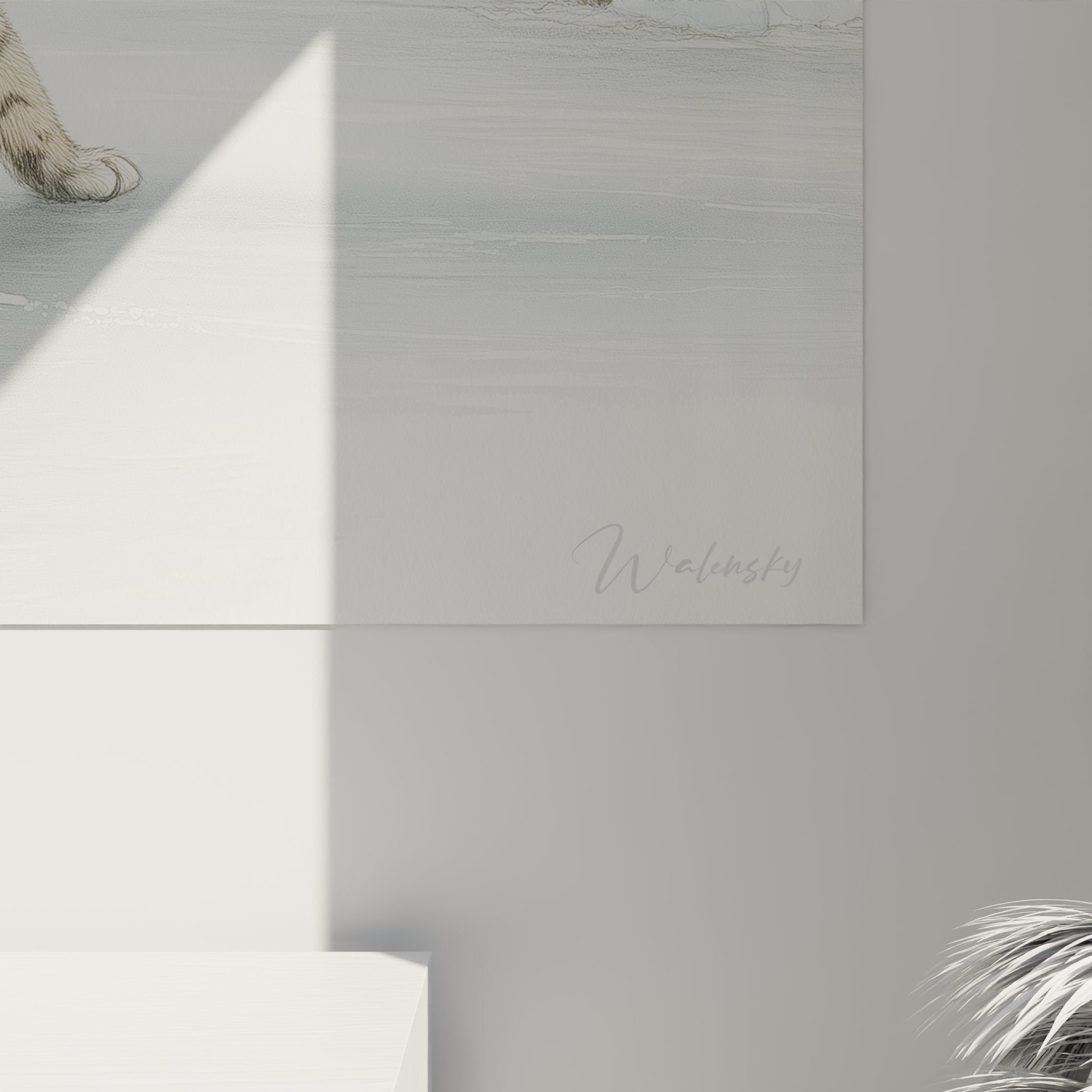 Vue d'ensemble tableau mural chat tigré sur glace, art décoratif félin pour intérieur moderne