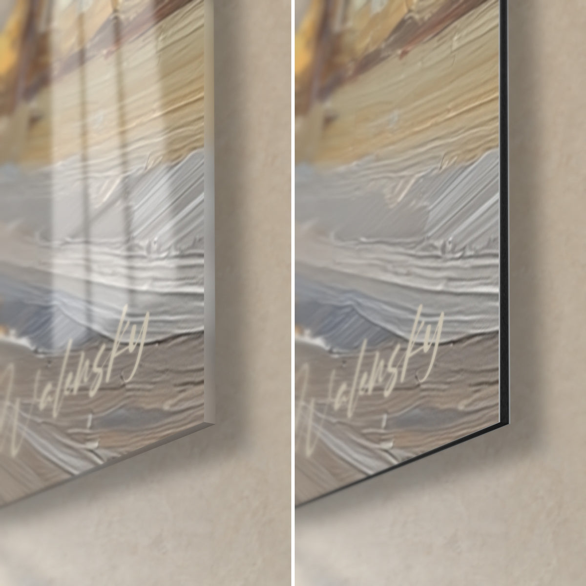 Quadro delle Gole del Verdon a spatola, angolo in basso a destra: vetro acrilico lucido e Dibond opaco, firma color crema, spessore 3 mm