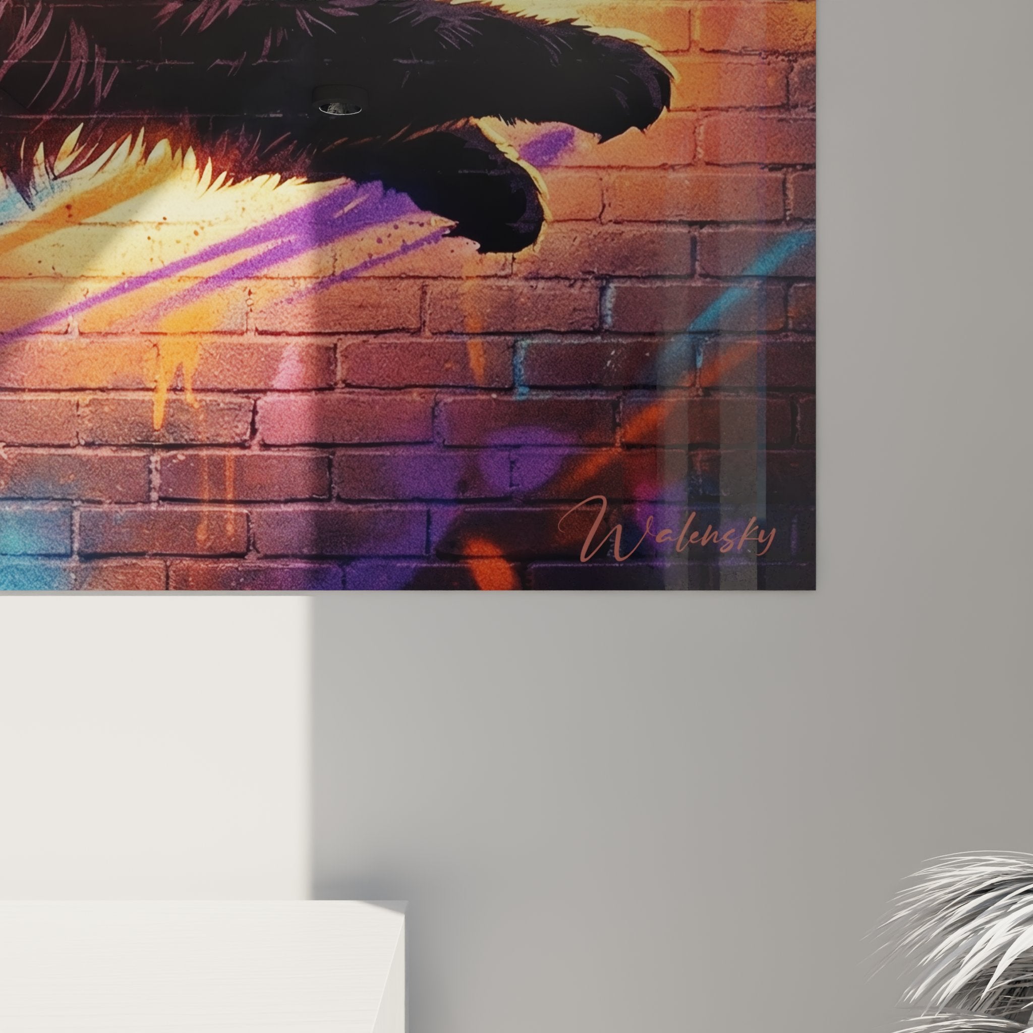 Vista d'insieme quadro murale gatto persiano volante stile street art su mattoni colorati