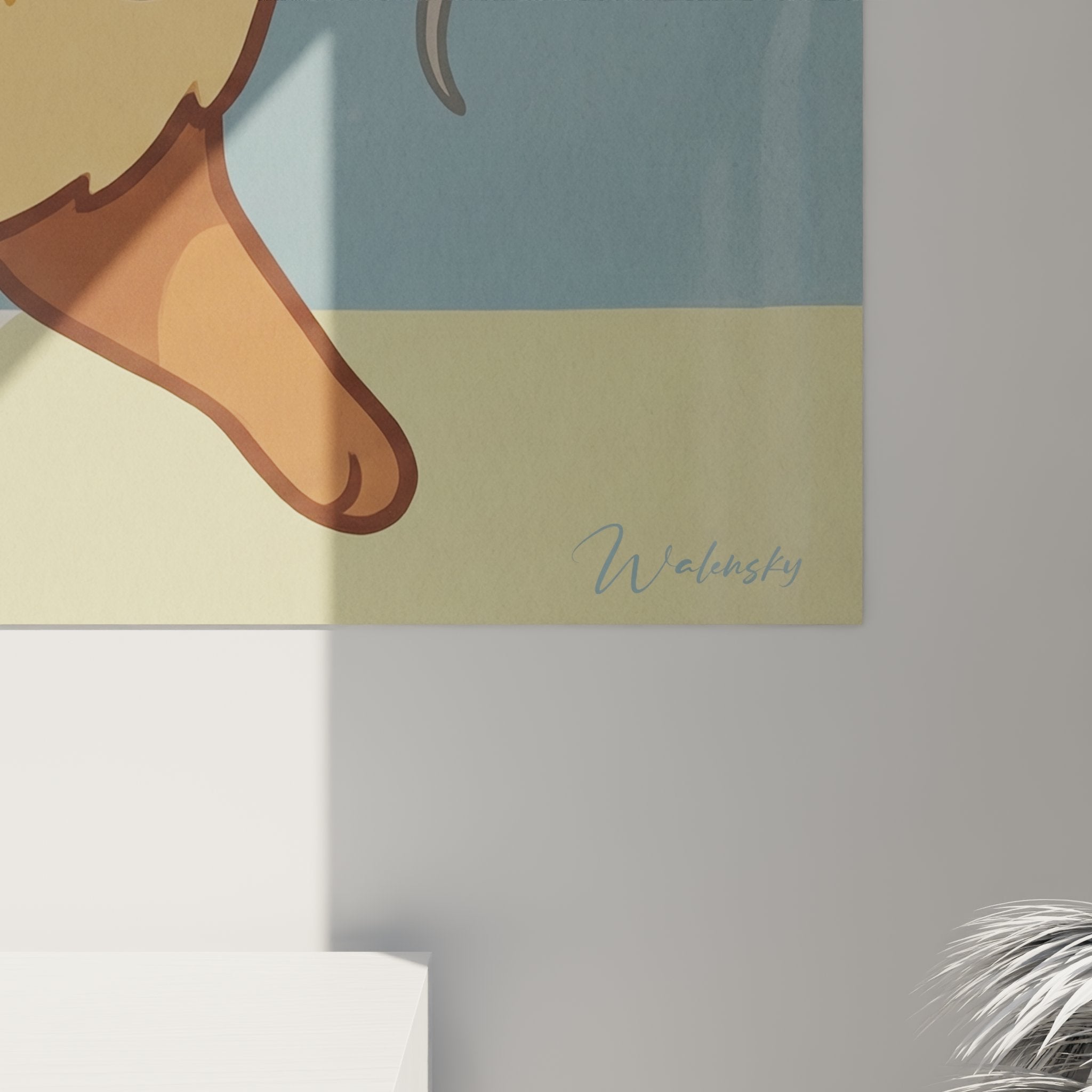 Vue d'ensemble du tableau mural chat American Bobtail dans un salon contemporain, art décoratif félin