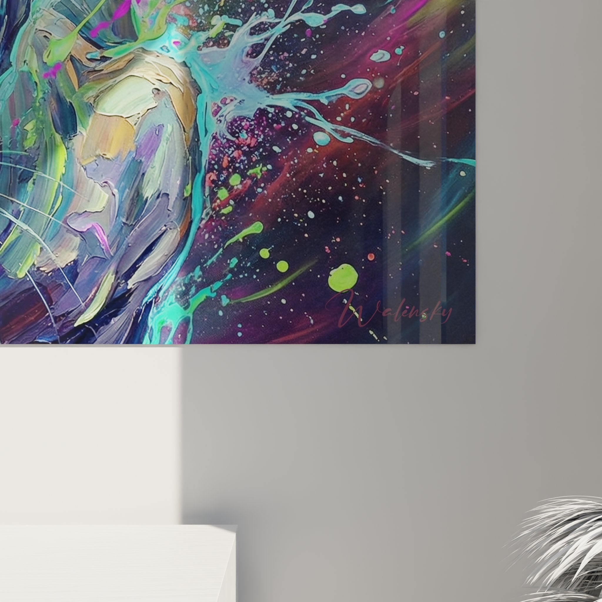 Vista generale quadro murale gatto Peterbald stile street art con esplosione di colori su tela tesa