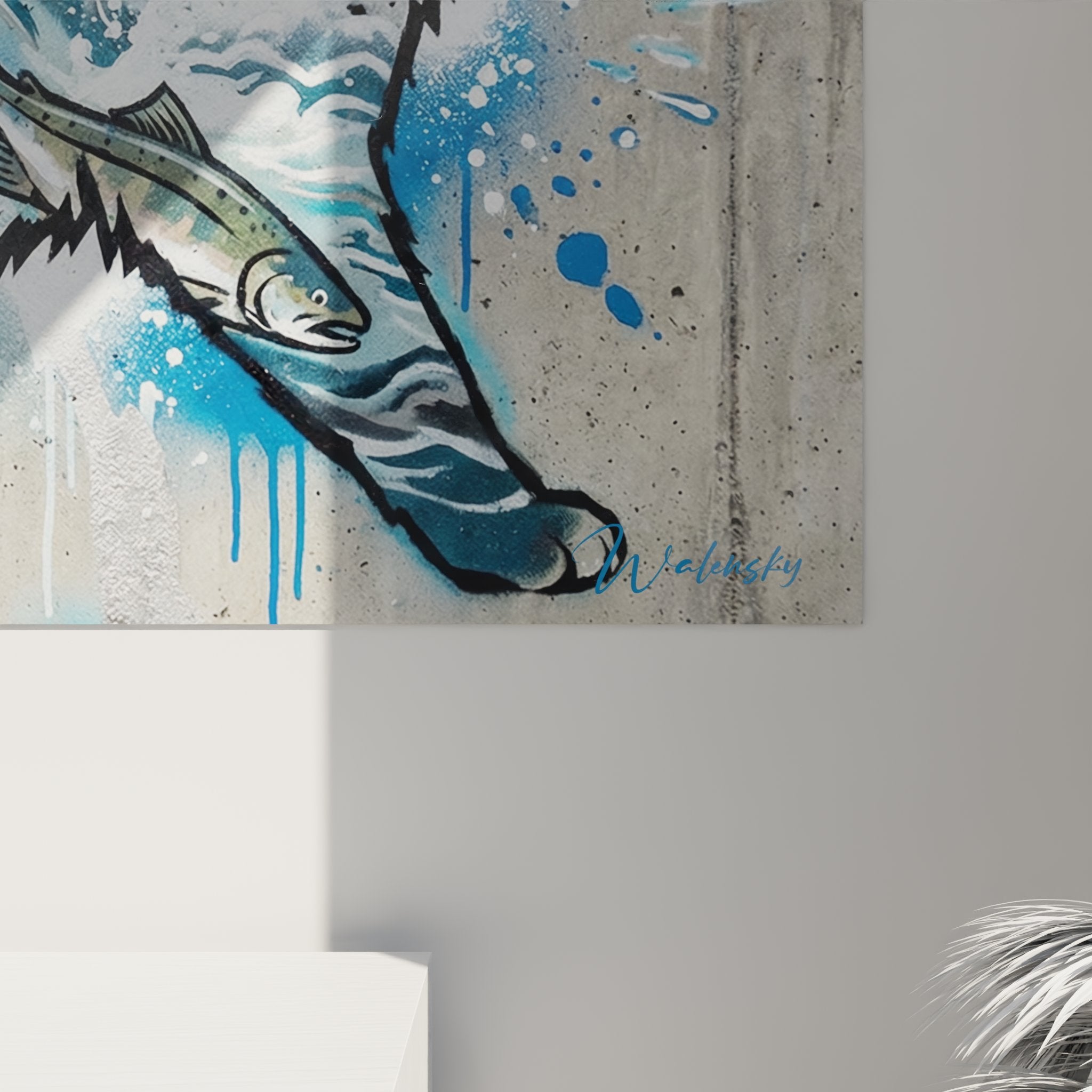 Overview of the aquatic cat artwork displayed in a design interior with neutral tones