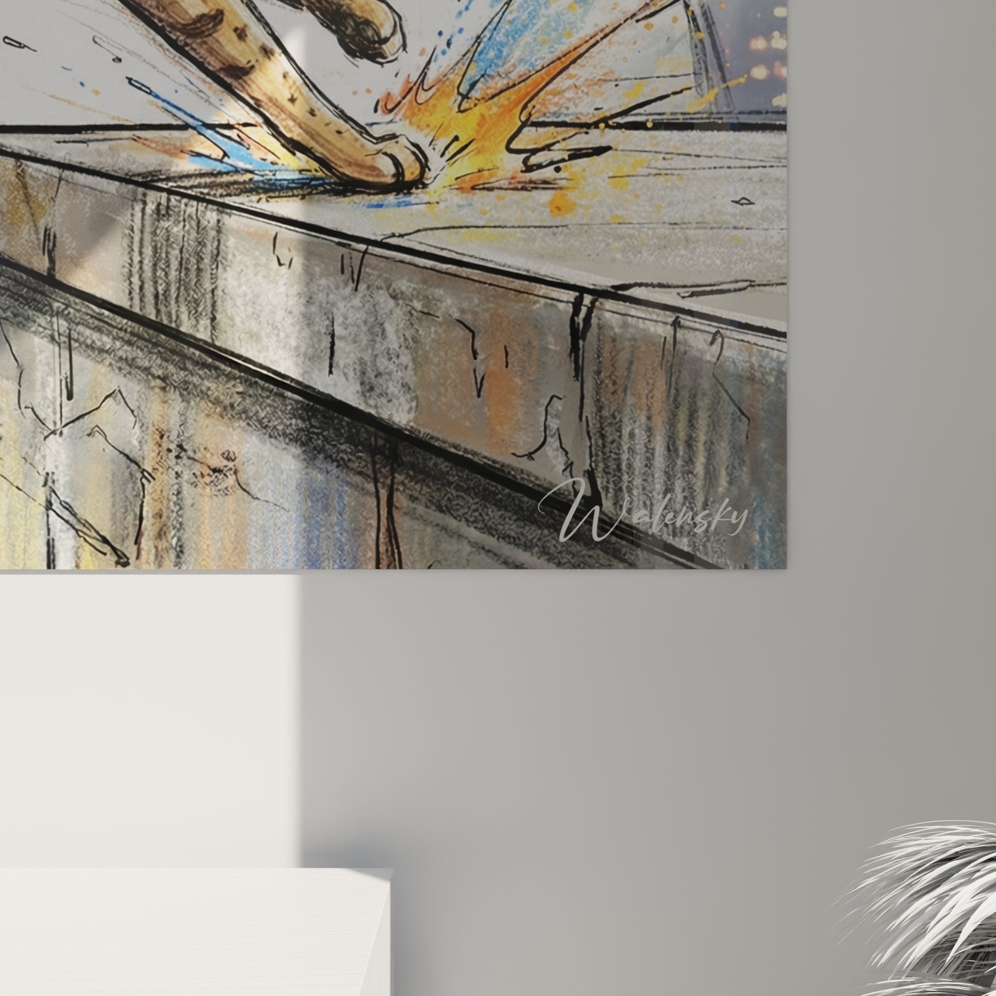 Vue ensemble tableau mural chat Ocicat urbain accroche salon decoration murale art contemporain felin