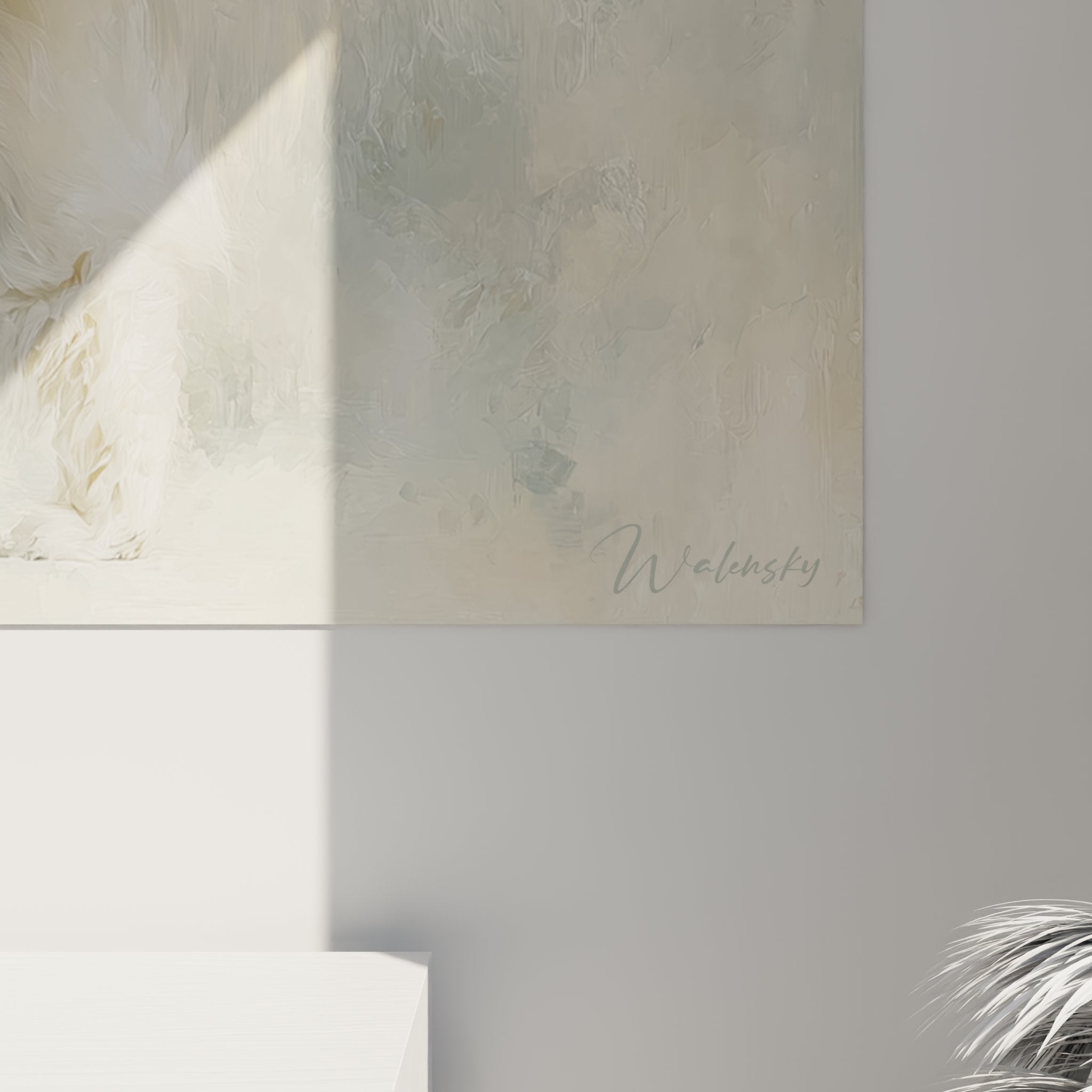 Übersicht des weißen Turkish-Angora-Katzengemäldes in einem zeitgenössischen Interieur mit modernem Rahmen