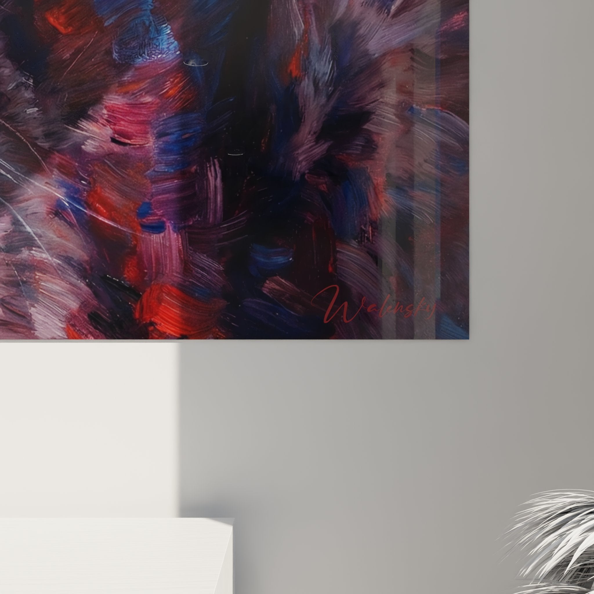 Vista d'insieme quadro British shorthair espressionista, opera arte murale gatto colori vivaci decorazione salotto