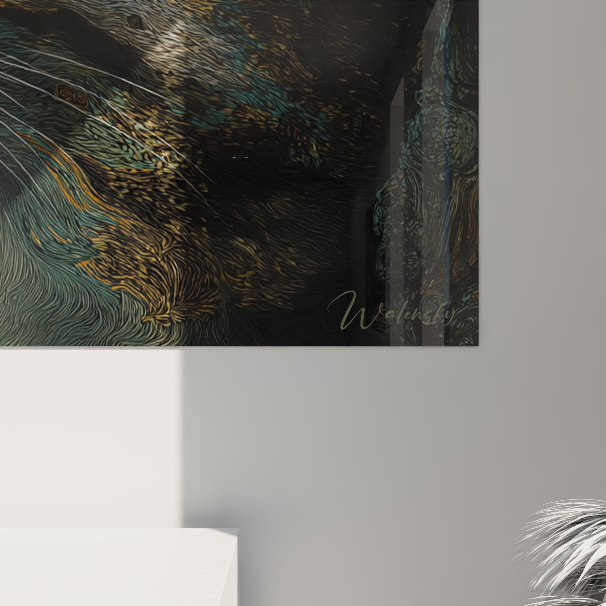 Vue d'ensemble du tableau mural chat Sokoke contemplatif dans un intérieur contemporain élégant