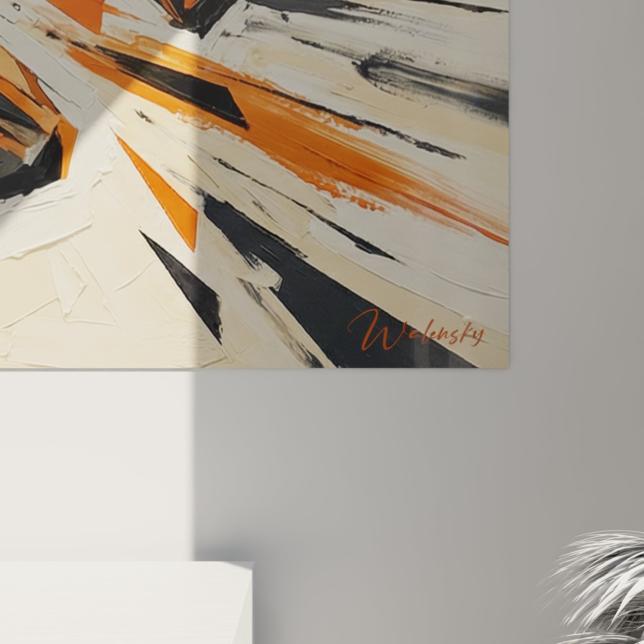 Vue d'ensemble tableau art sportif coureur stylisé avec composition géométrique orange sur fond neutre moderne