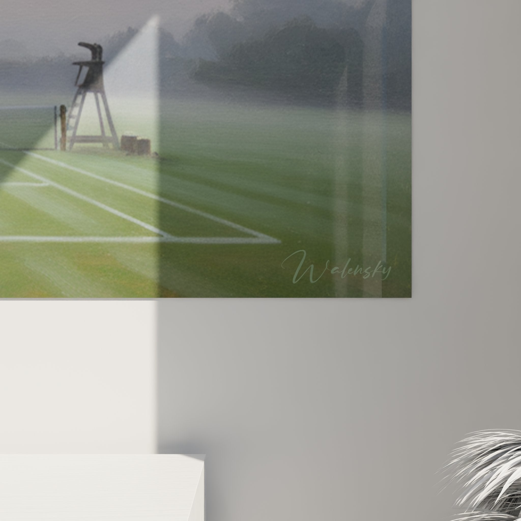 Vue ensemble tableau mural tennis court aube brumeuse decoration interieur moderne art sportif