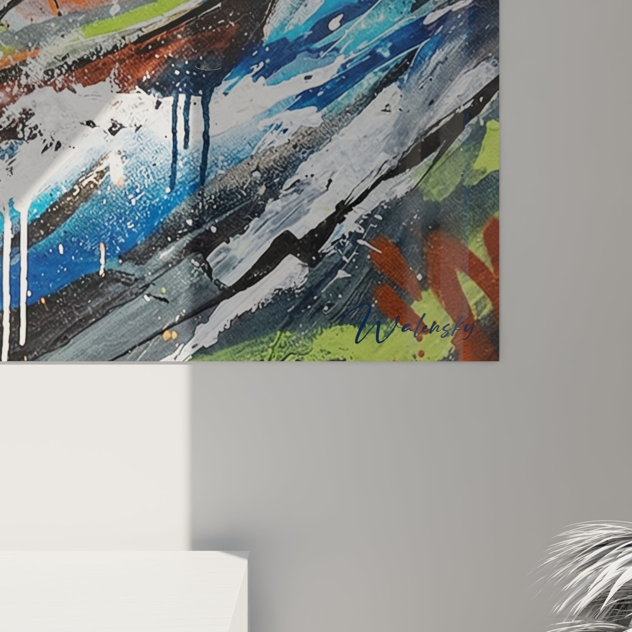 Full view of abstract kayak painting on white wall, modern interior wall art decoration
