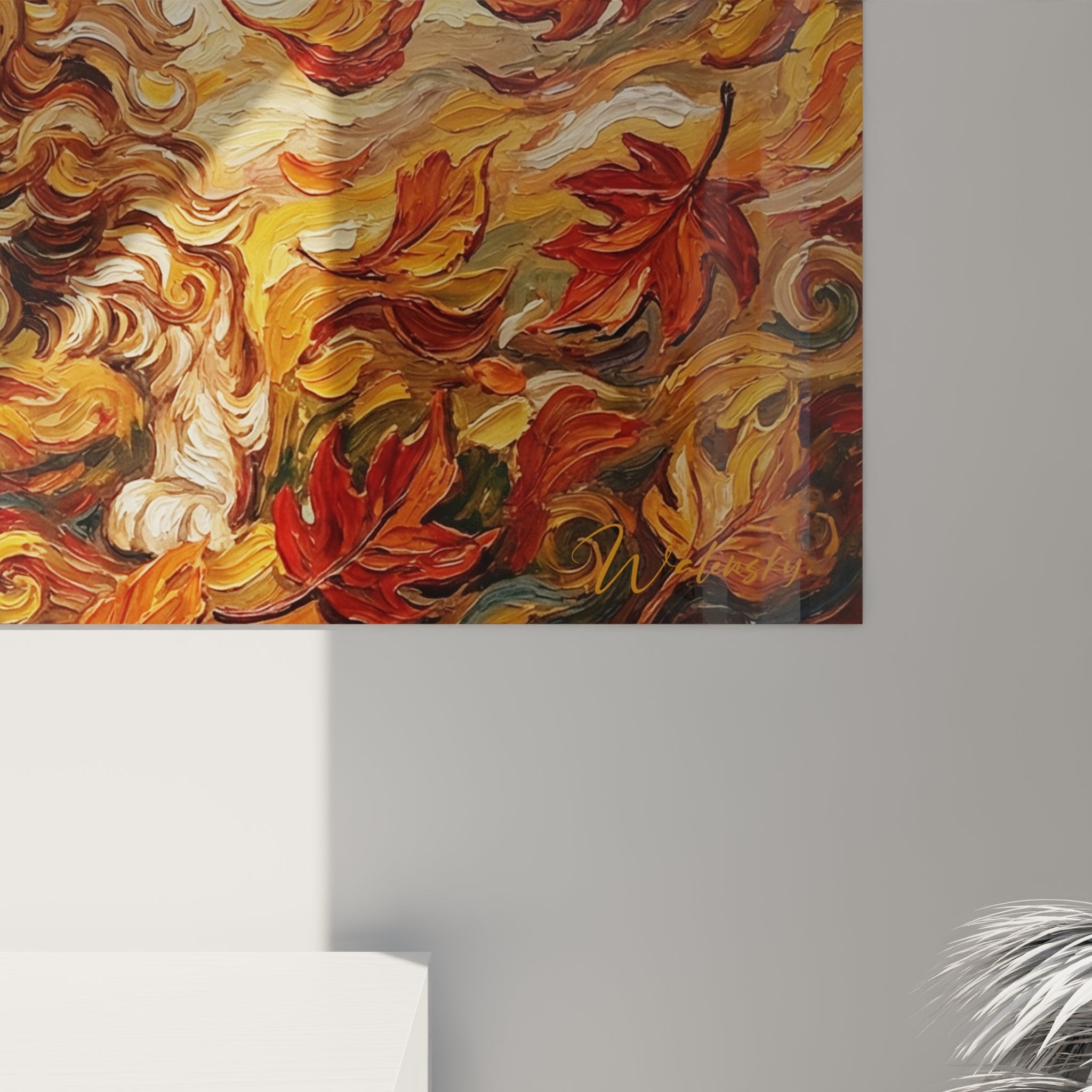 Panoramica del quadro gatto Laperm vortice autunnale colori caldi arredamento interno stile artistico