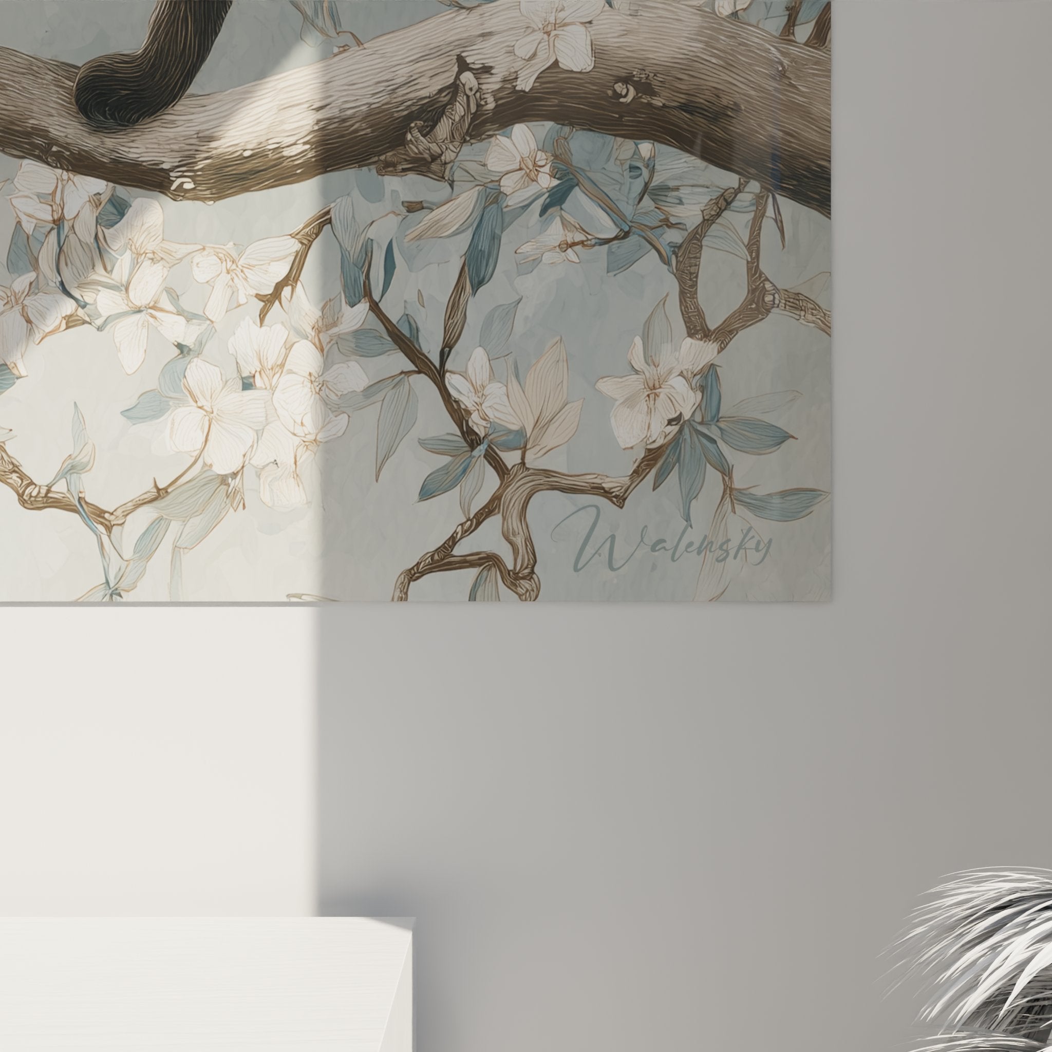 Vista d'insieme quadro murale gatto birmano ramo fiorito, arte animalier decorazione salotto stile raffinato