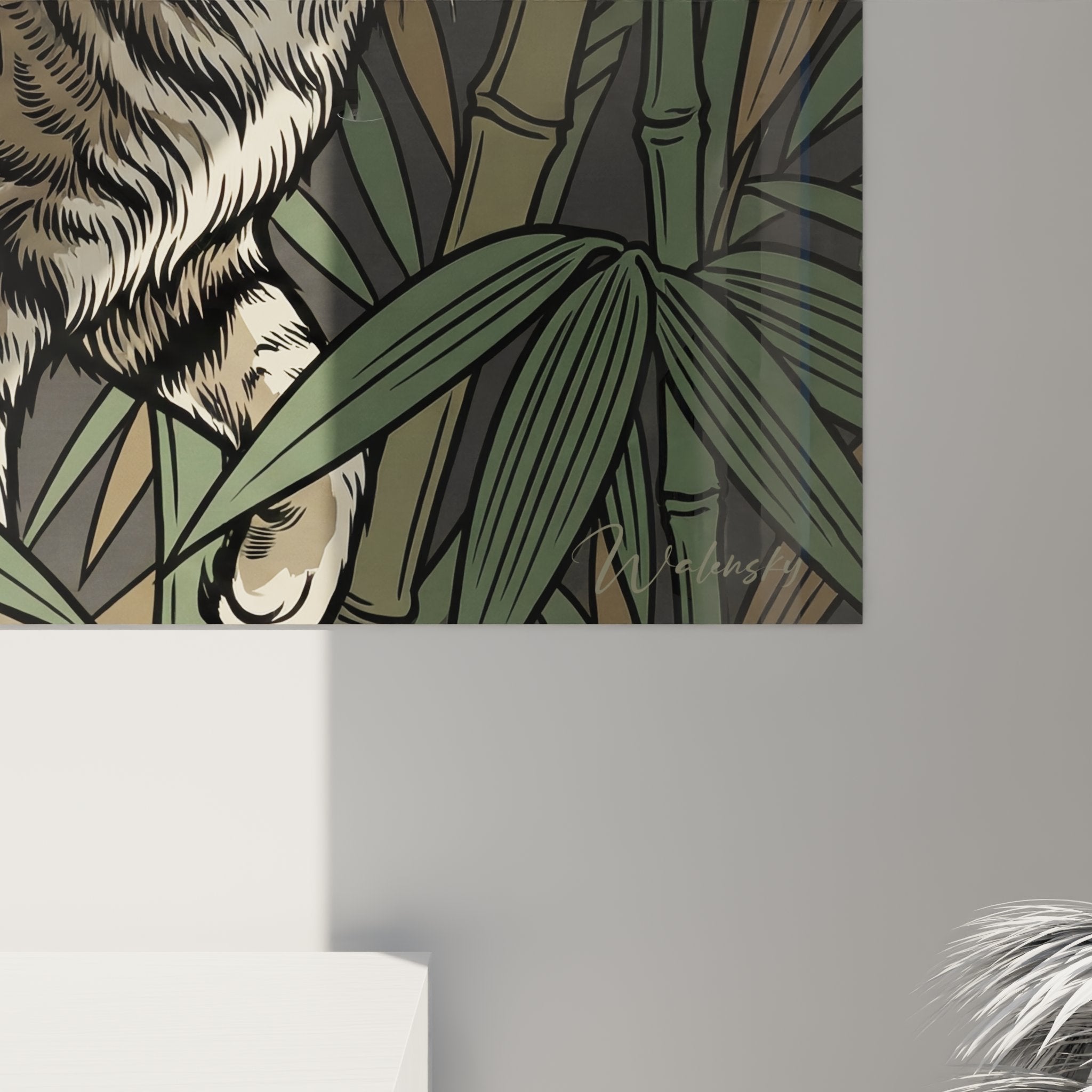 Tropical cat wall art overview, nature-style living room decoration with feline in bamboo grove