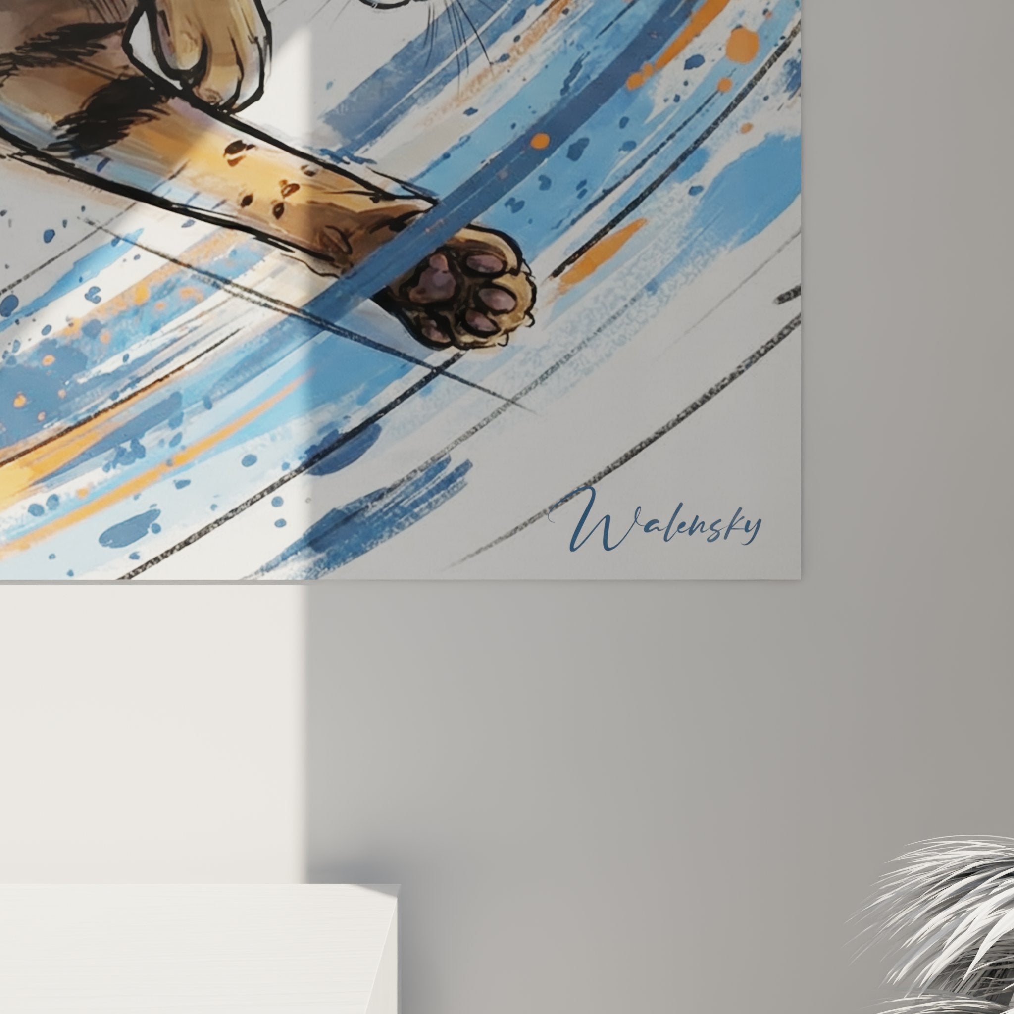 Vue ensemble tableau mural chat Ocicat tourbillon coloré decoration interieur contemporain artistique