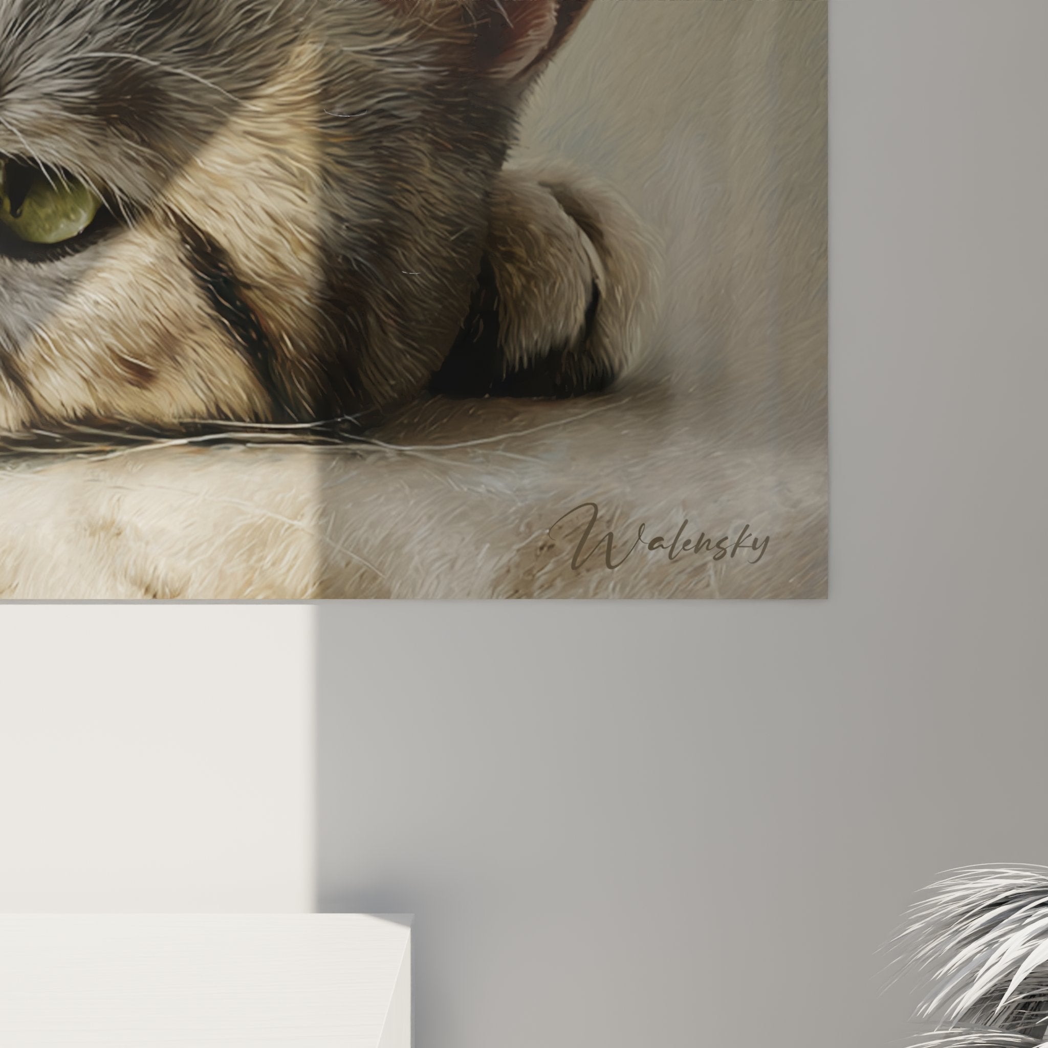 Vue d'ensemble tableau mural chat American Shorthair, œuvre décorative féline pour salon ou chambre moderne