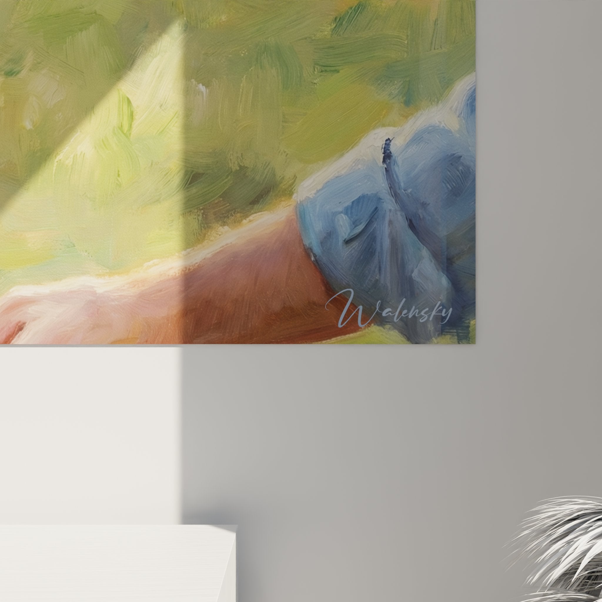 Vue d ensemble du tableau baseball accroche au mur montrant scene d attrape avec gant et balle de sport