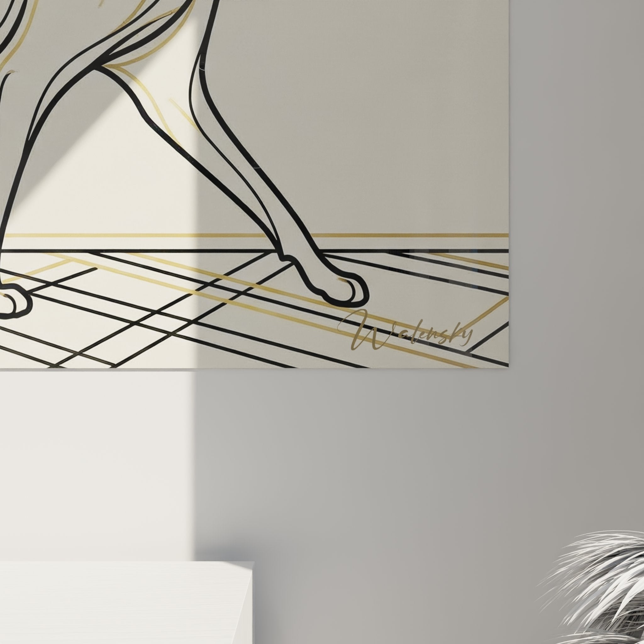 Overview of Cornish Rex cat wall art in modern interior, minimalist decorative feline art
