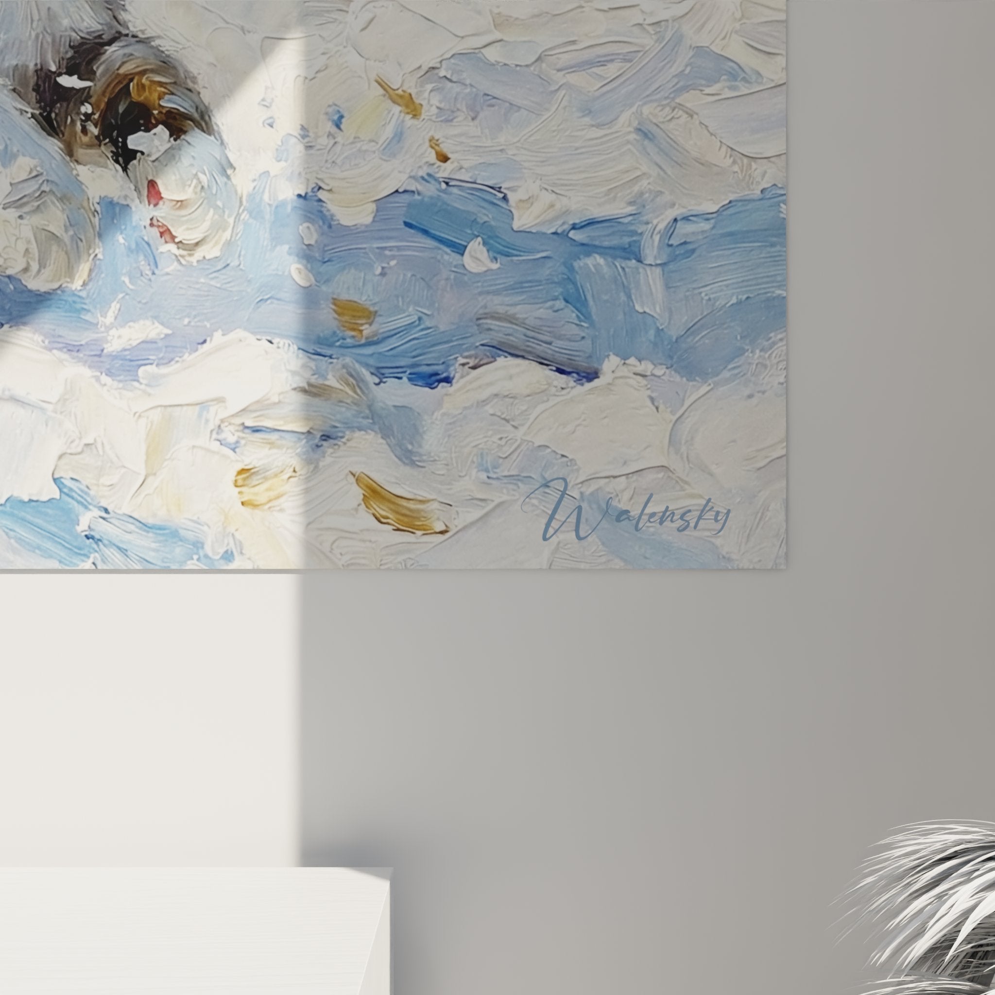 Overview winter cat painting, snowy landscape composition, Kurilian Bobtail animal art, decoration