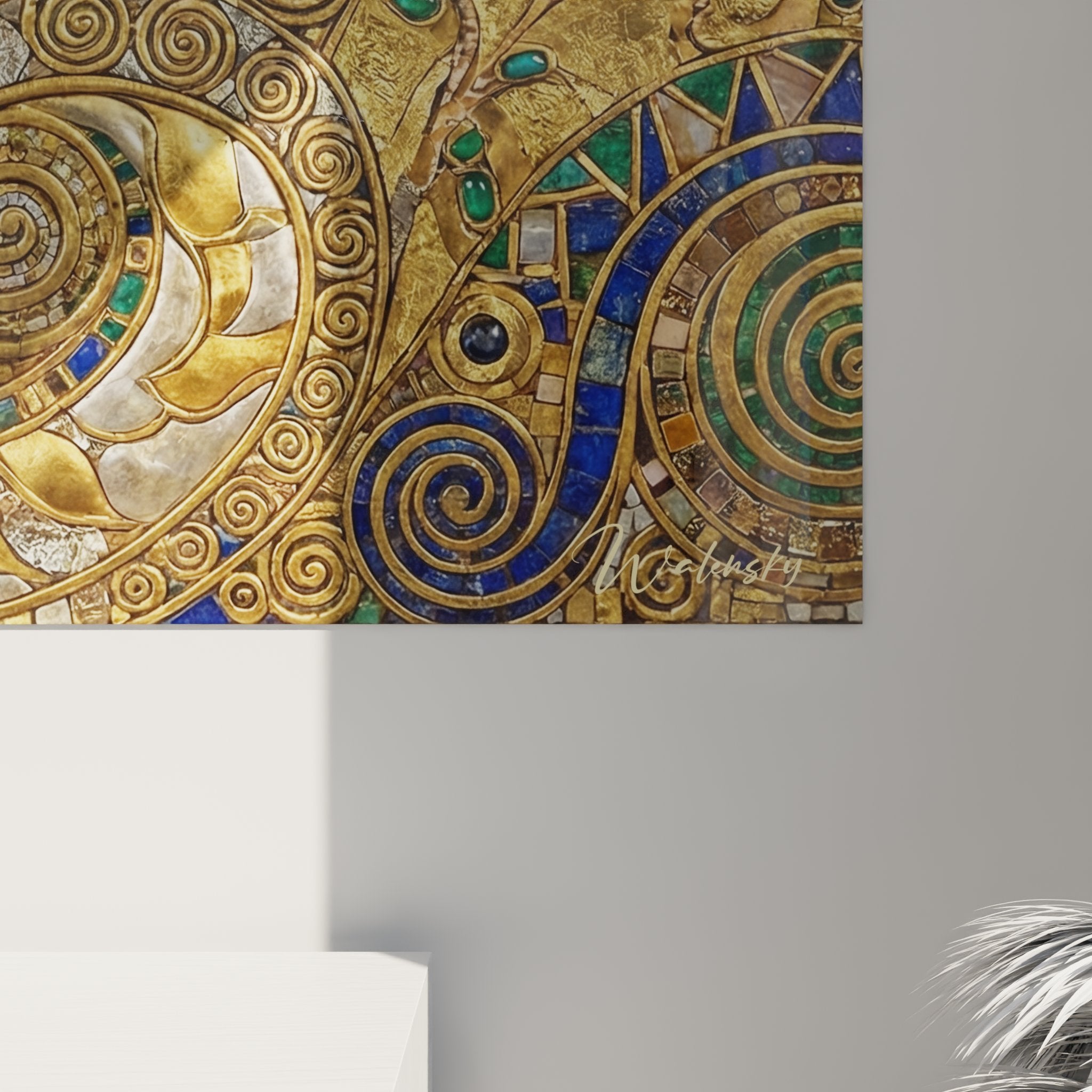 Vue ensemble tableau decoratif chat Burmilla style art byzantin mosaique or pour decoration interieure