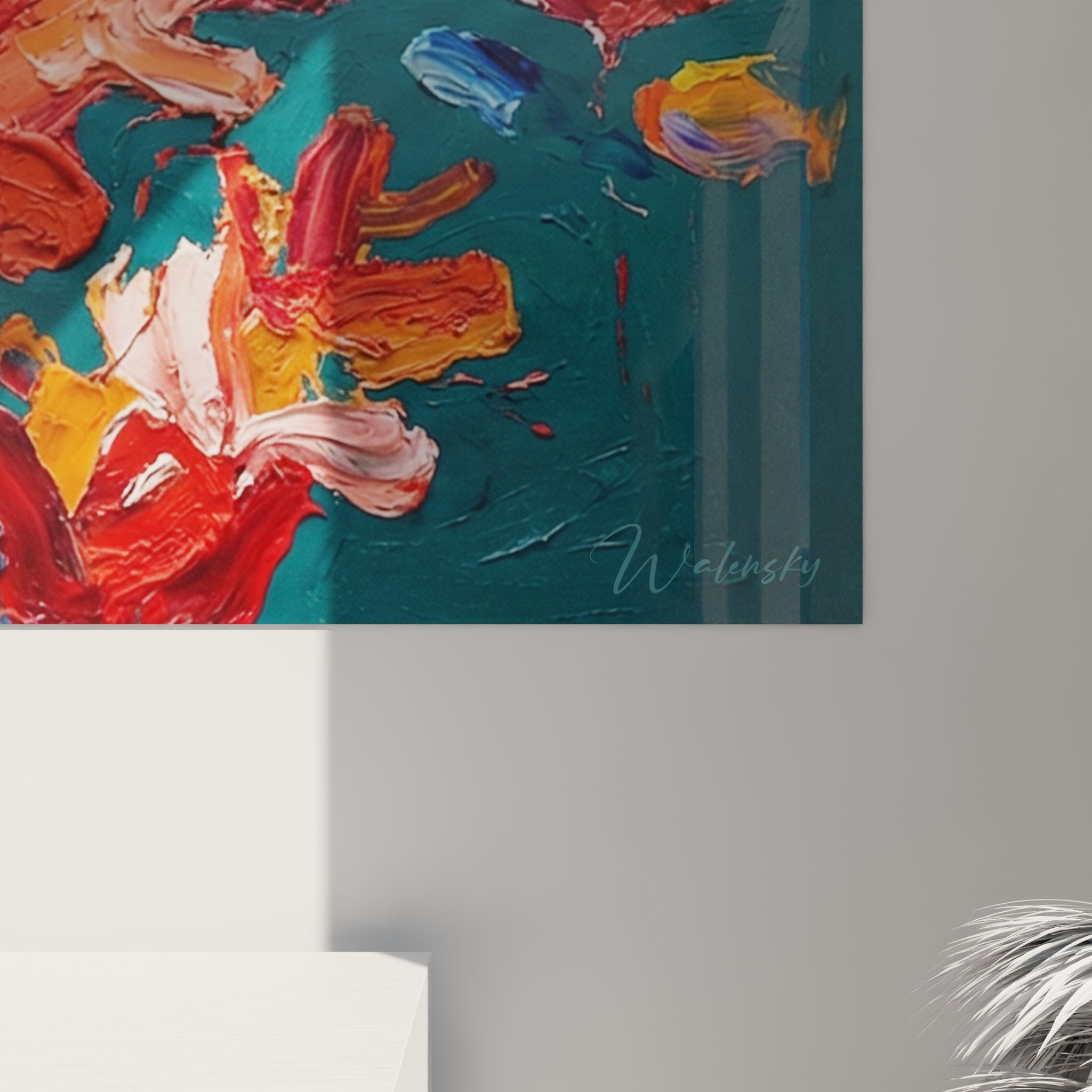 Vue d'ensemble tableau corail rouge accroché au mur, art décoratif plongée sous-marine