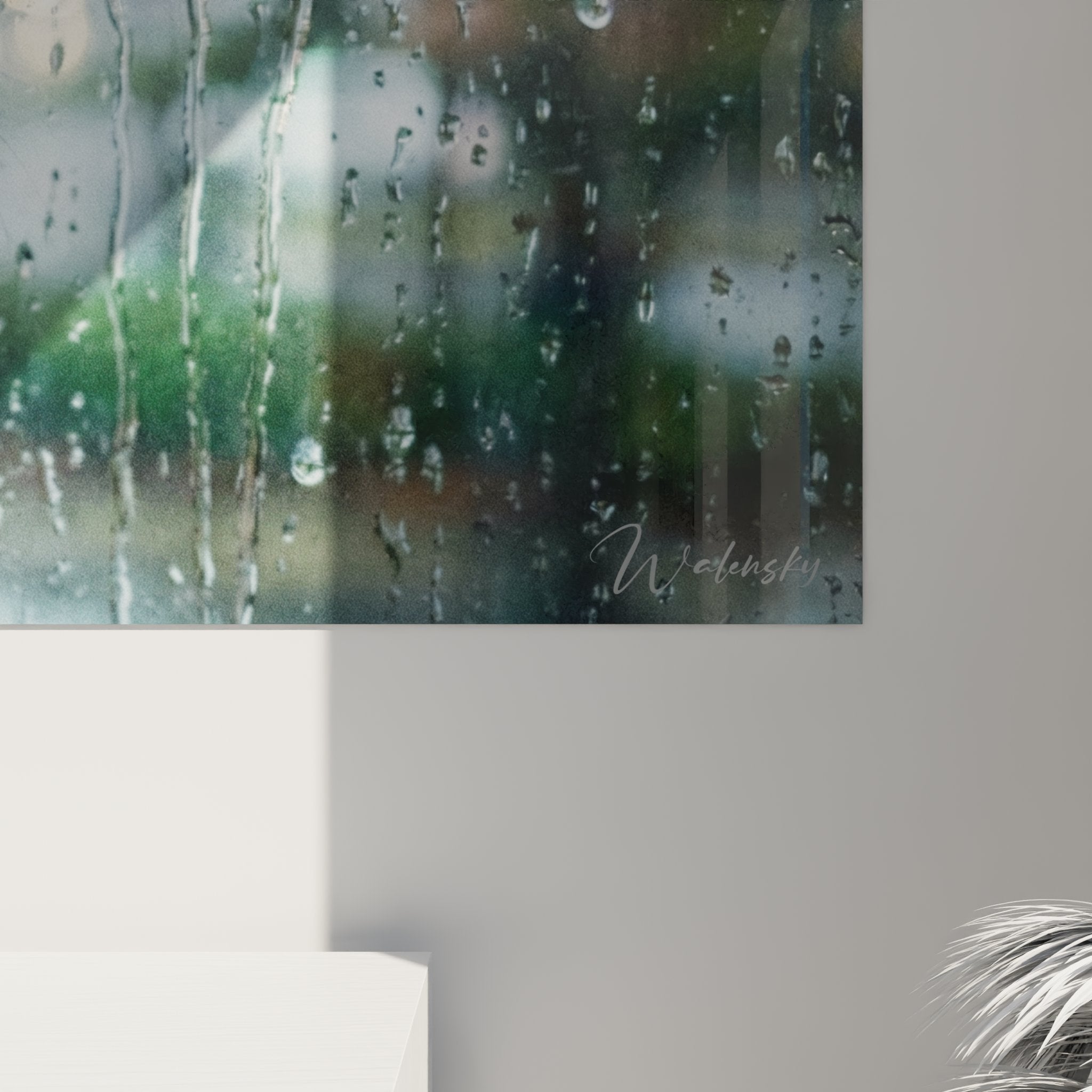 Vue d'ensemble tableau mural chat Russian Blue fenêtre pluie dans salon moderne, décoration murale élégante