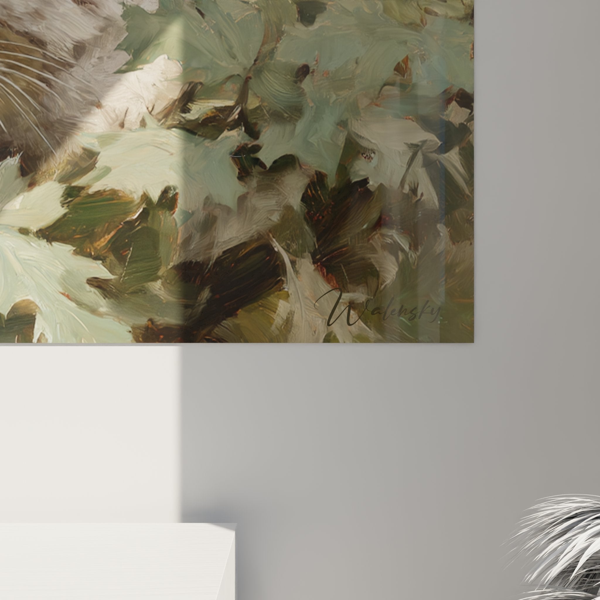 Quadro murale gatto British Shorthair in ambiente forestale autunnale