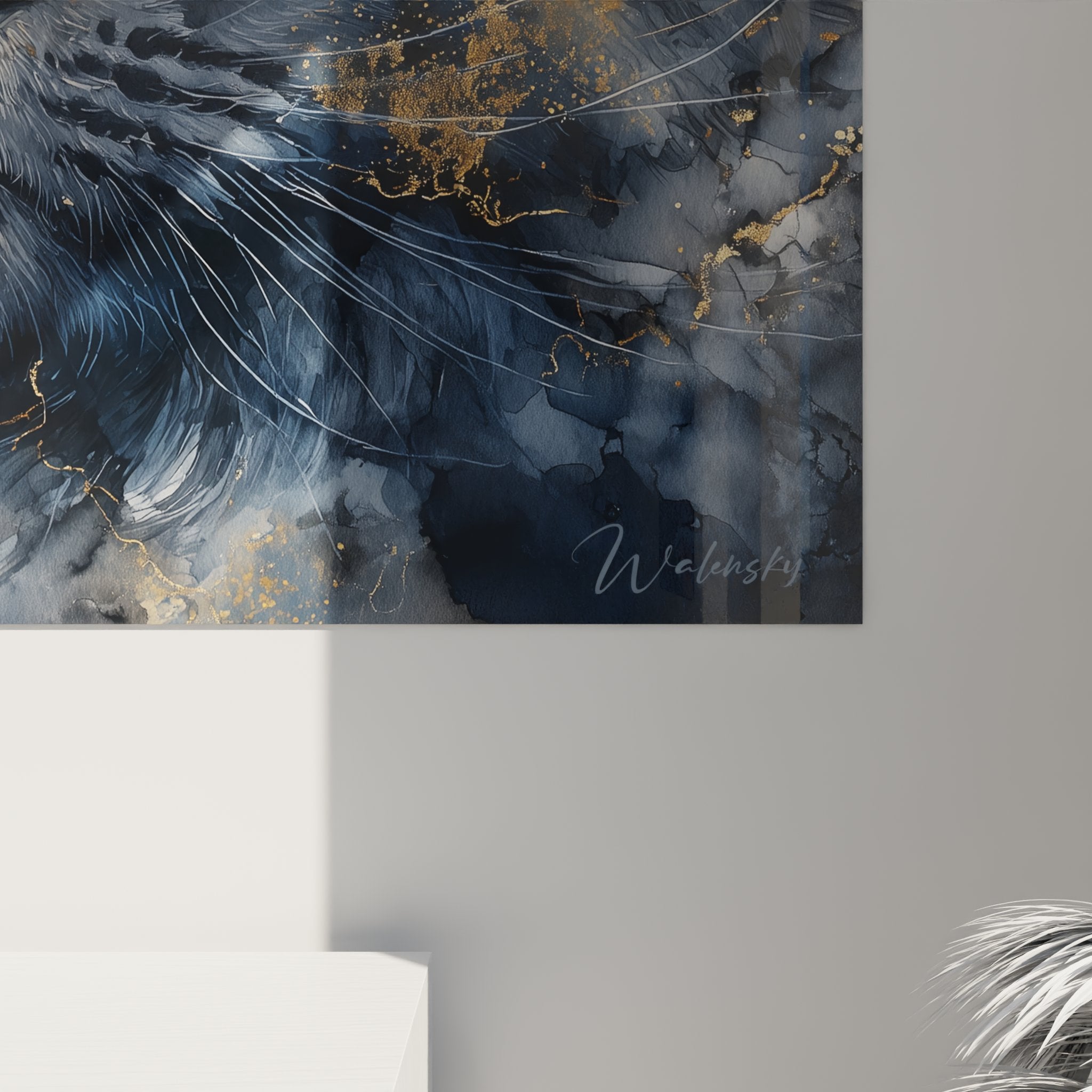 Gesamtansicht Maine-Coon-Katzen-Gemälde Galaxy, blaue und goldene Wandkunst für modernes Wohnzimmer