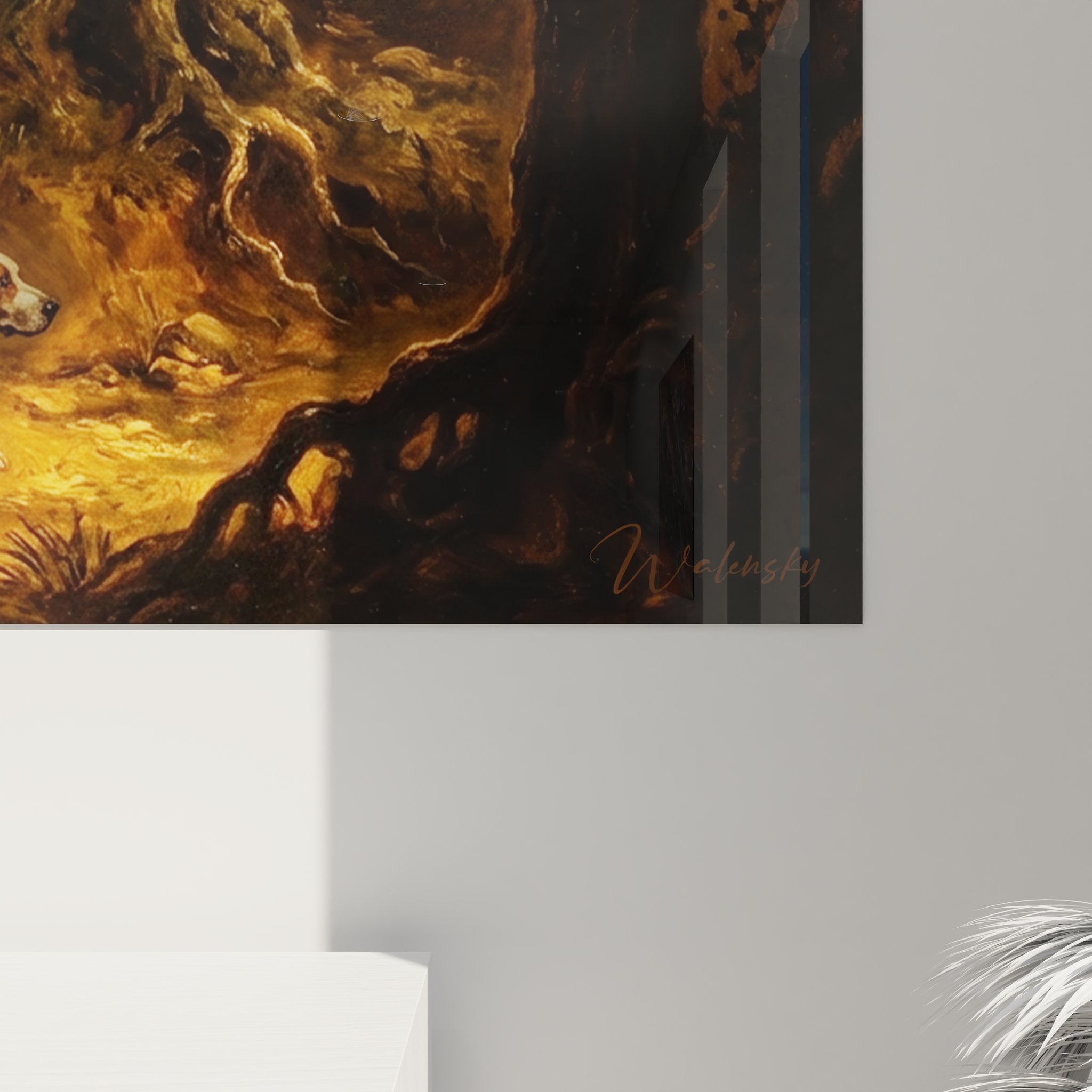 Vue d'ensemble du tableau de chasse forestier avec chasseur et meute, parfait pour décoration murale cynégétique