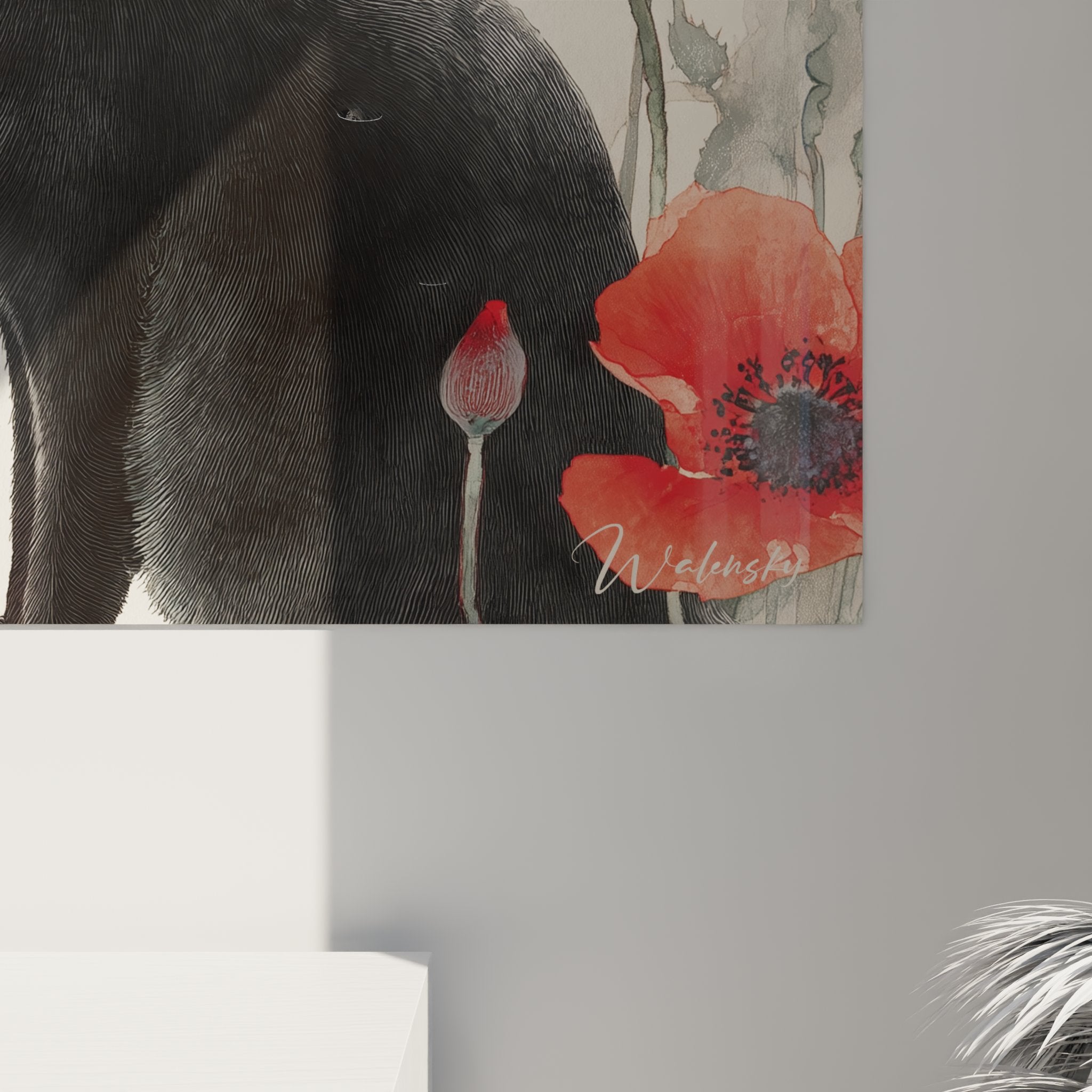 Vue d'ensemble du tableau chat noir coquelicots dans un salon moderne