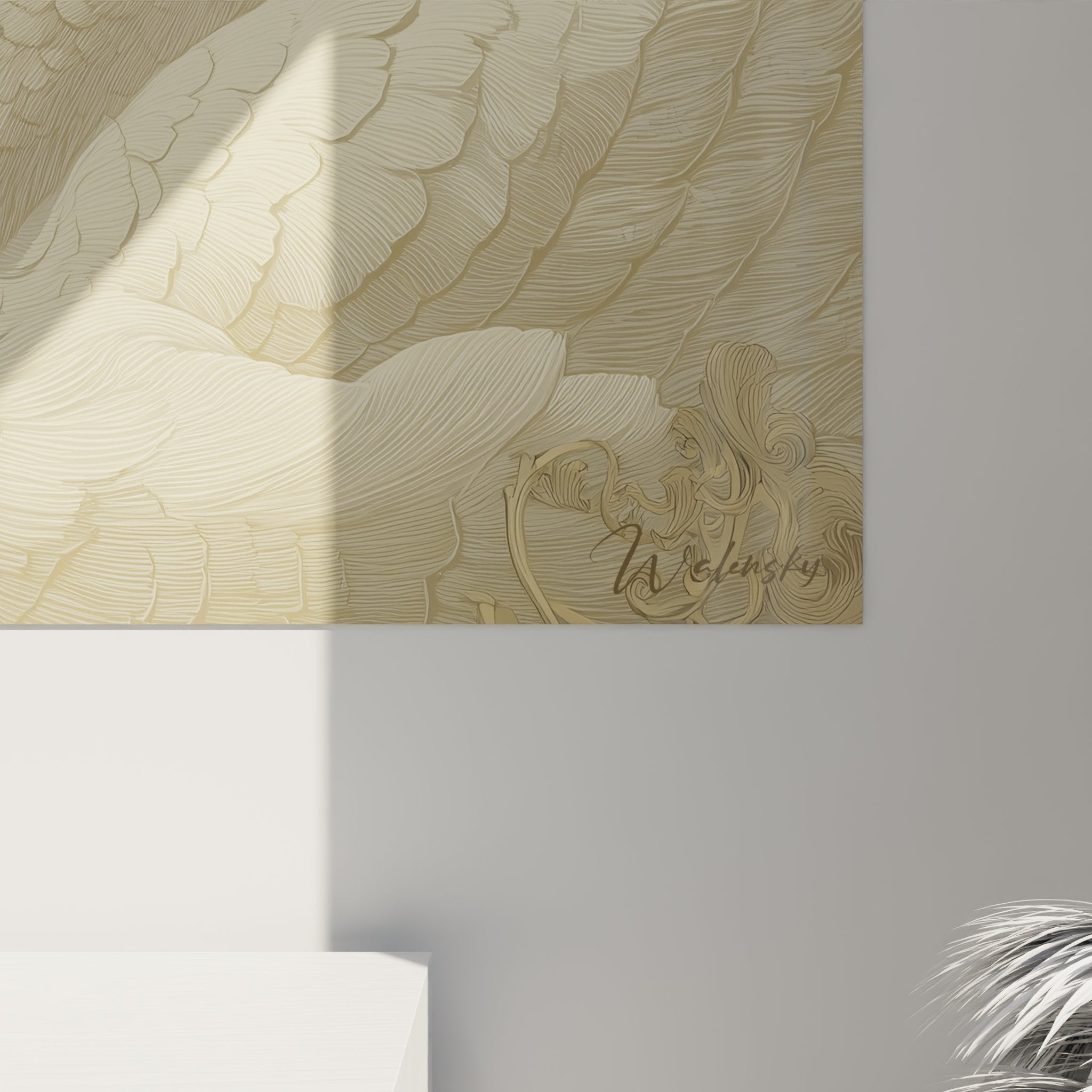 Panoramica del quadro cigni art déco nel soggiorno contemporaneo, che evidenzia l'eleganza della composizione