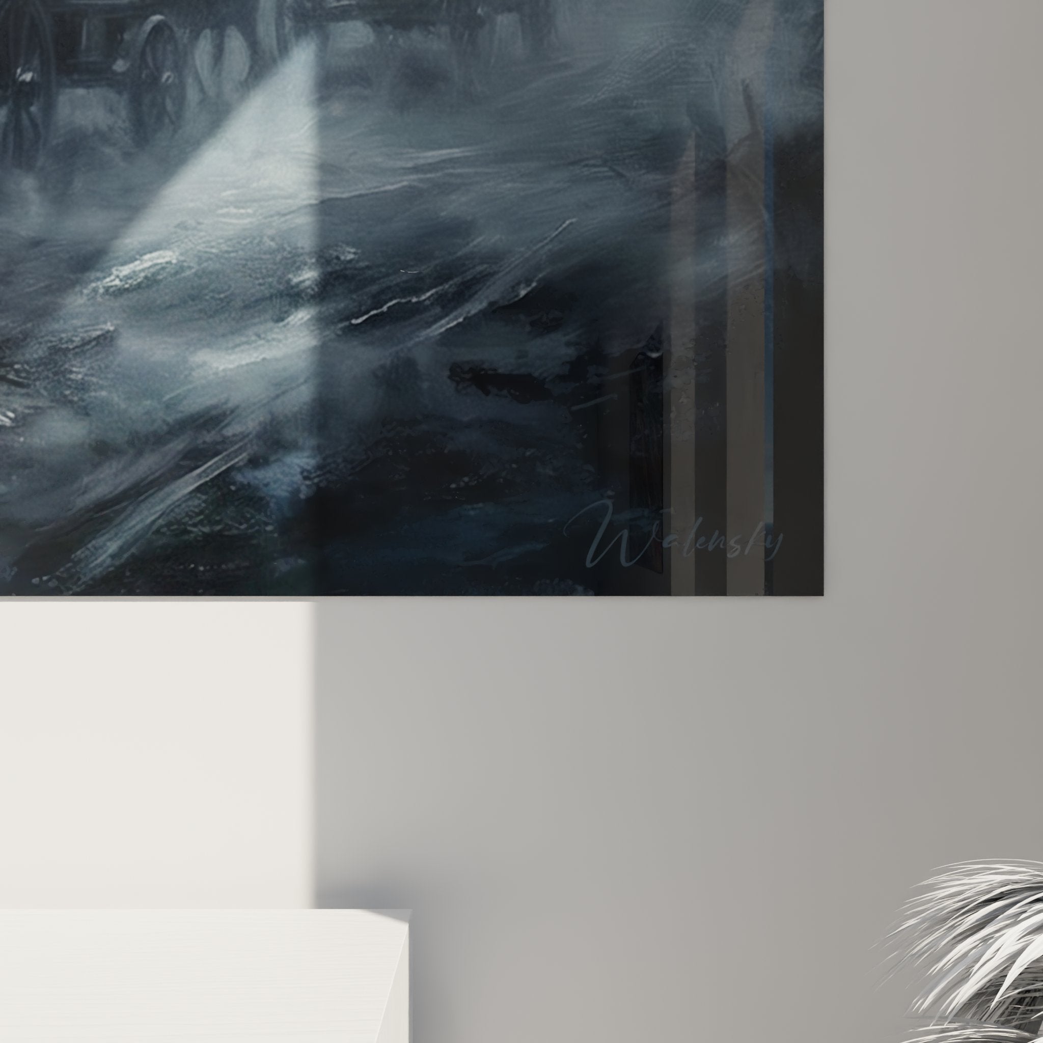 Vue d'ensemble tableau caravane cirque nocturne sur mur blanc - décoration artistique vintage