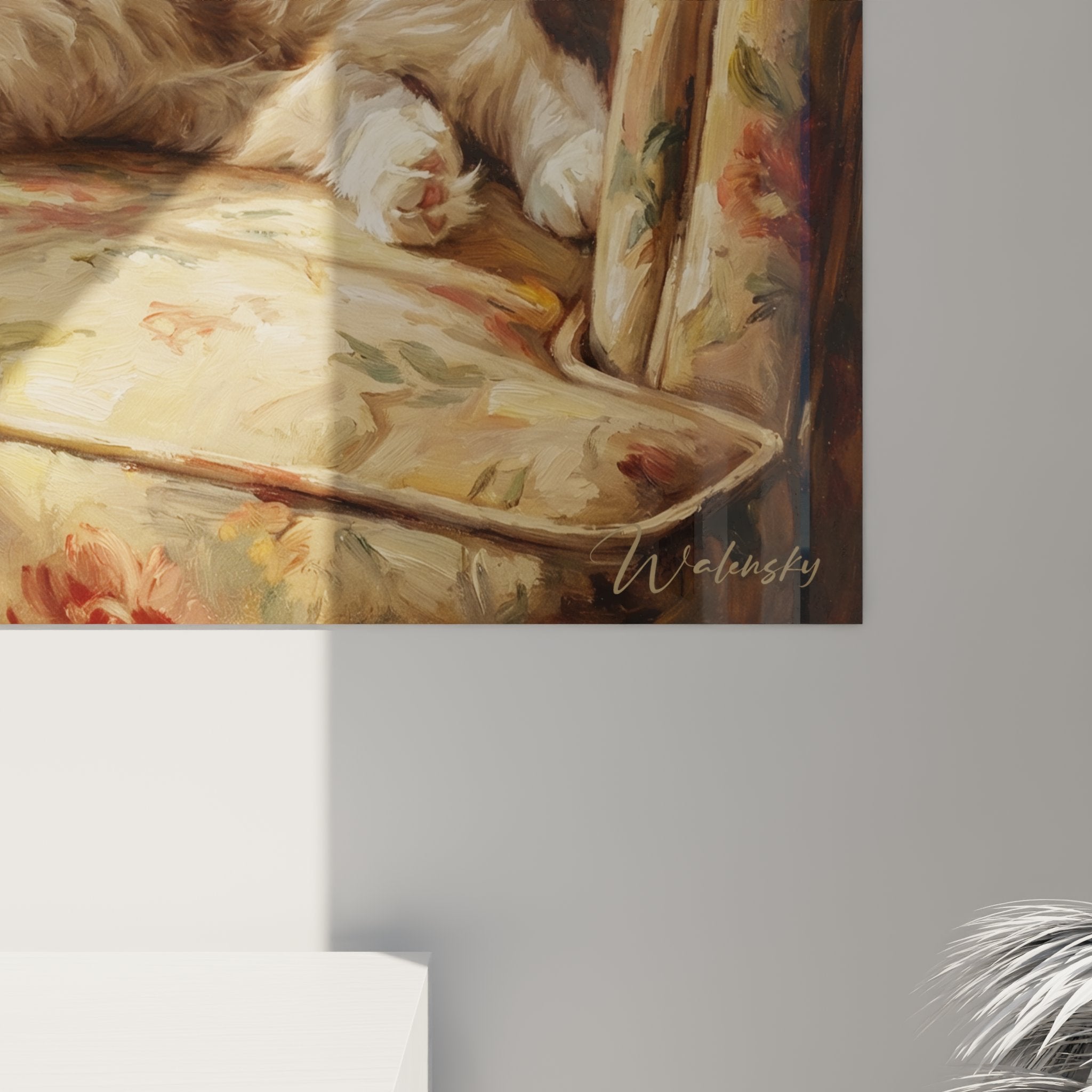 Visione d'insieme quadro gatto Ragdoll poltrona, atmosfera calda luce naturale dorata