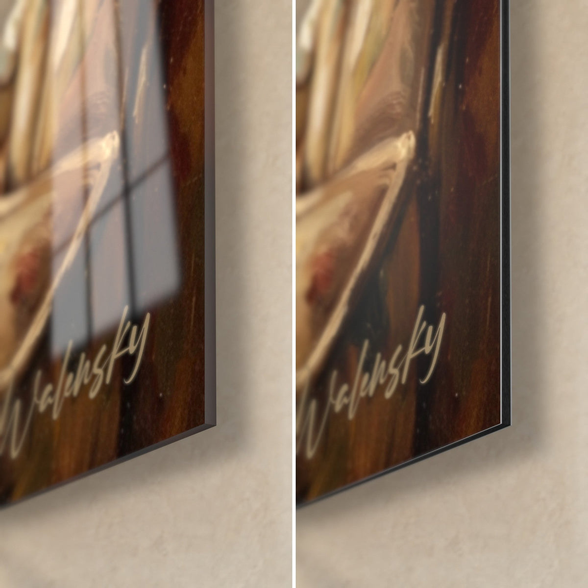 Wall art ragdoll cat with white paws stretched out, glossy glass corner bottom right and matte brown Dibond, Walensky signature, 3 mm edge