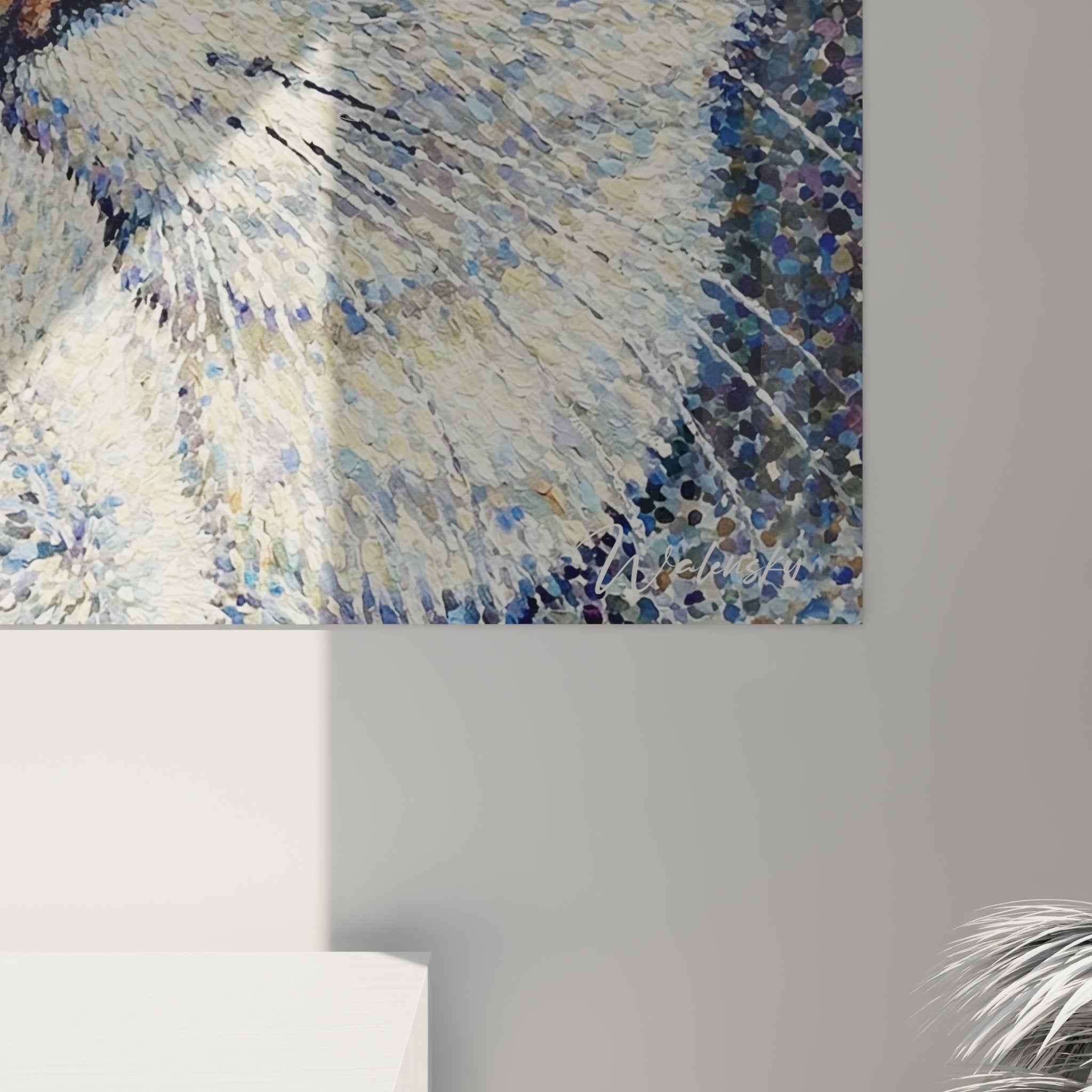 Vue d'ensemble tableau chat aux yeux verts, art mural Burmilla, décoration féline contemporaine