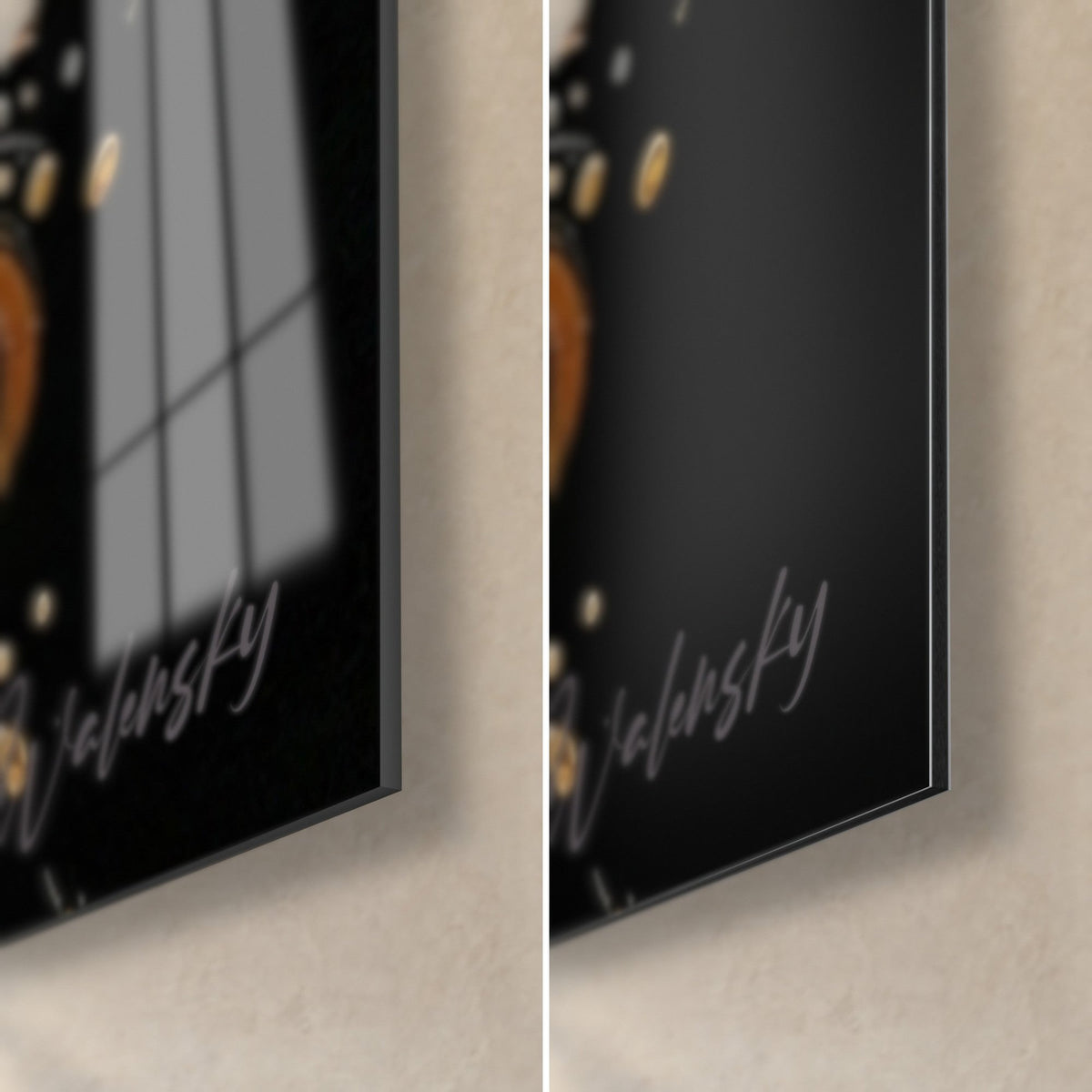 Wall art festive dancers with gold sequins on a black background, bottom right corner, glossy acrylic glass reflecting the window and matte Dibond, thin edge