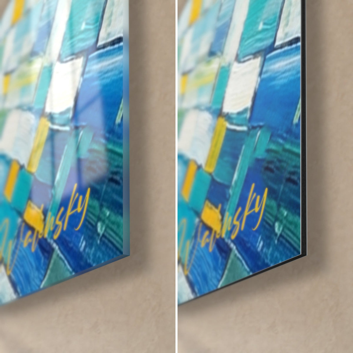 Wall art rafters in a yellow canoe, bottom right corner: glossy acrylic glass on the left, matte Dibond aluminum on the right, 3 mm edge