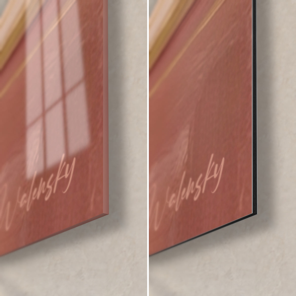 Schilderij aanhangwagen in roze en crème, gouden lijnen op de rechteronderhoek, rand van 3 mm, glasreflecties en mat Dibond
