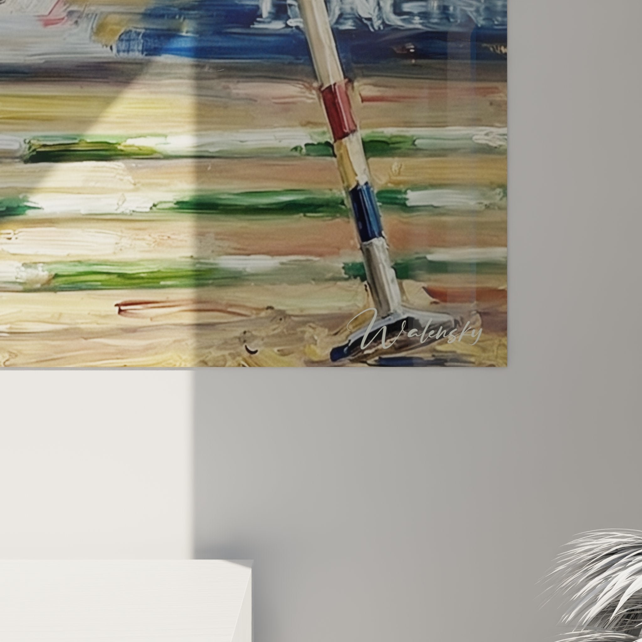 Vista d'insieme quadro murale equitazione salto ostacoli tecnica pittura impressionista cavallo cavaliere