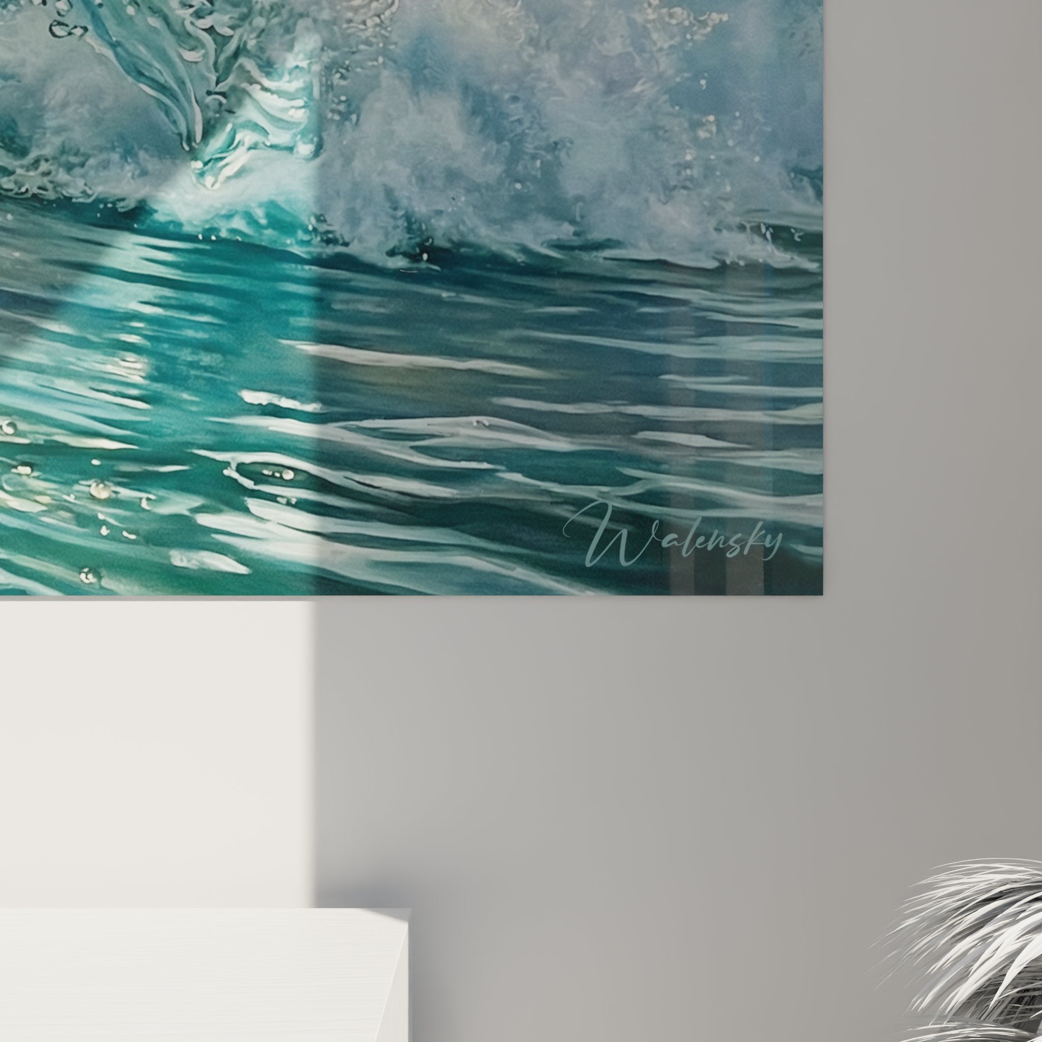 Overview of turquoise and gold wave canvas, large format surf artwork for contemporary living room