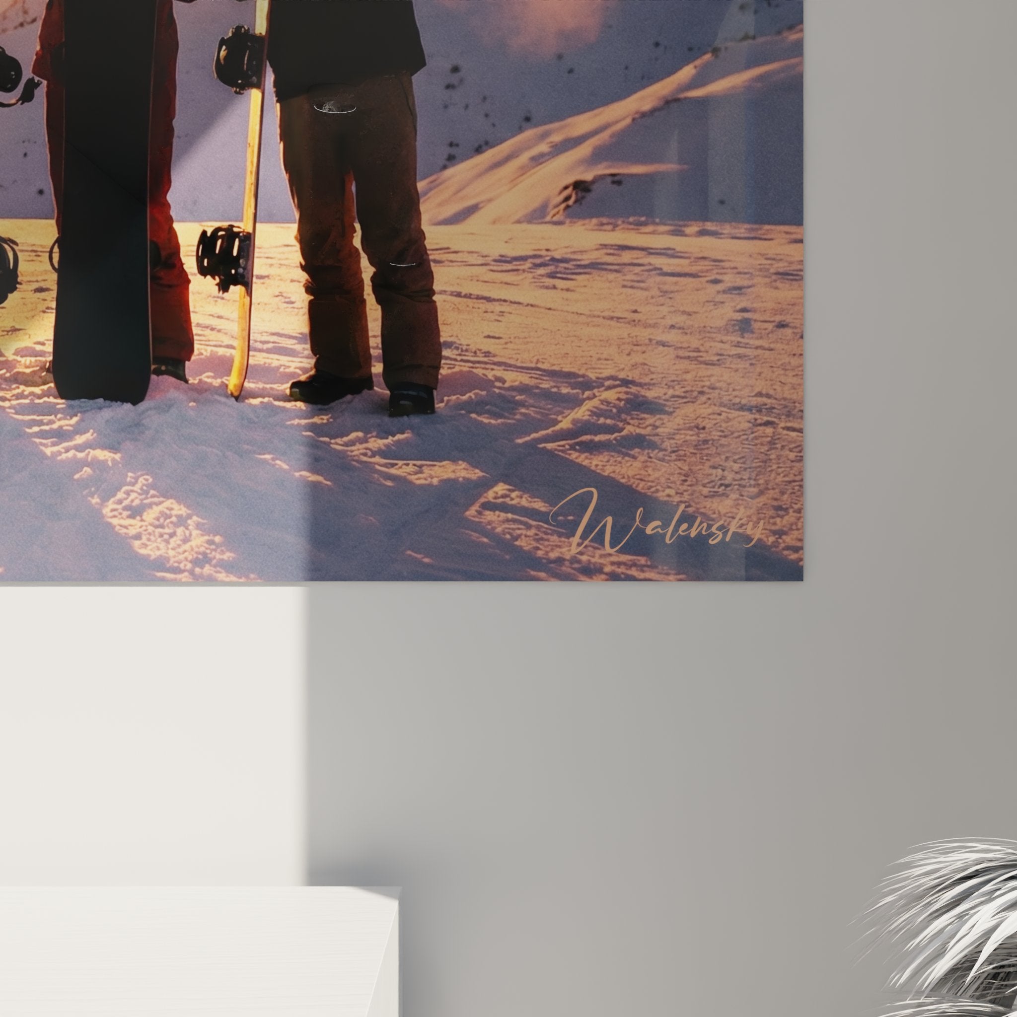 Vue ensemble tableau mural snowboard scene groupe montagne coucher soleil decoration