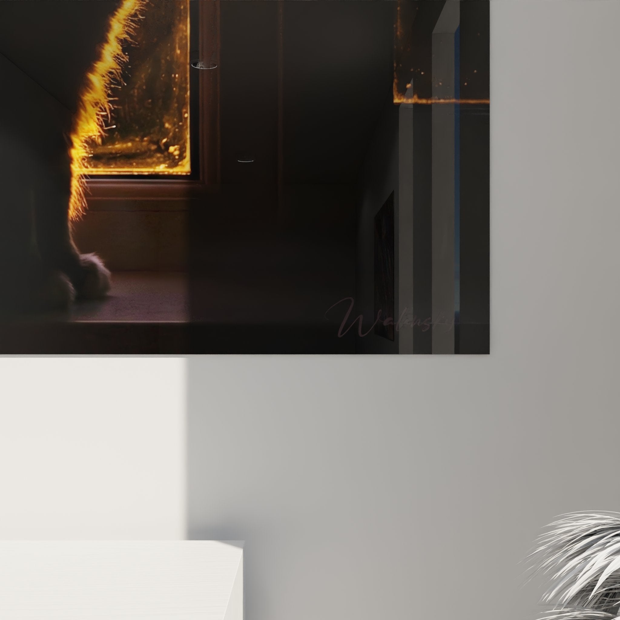 Vista generale del quadro gatto contemplazione in un soggiorno contemporaneo con elegante decorazione murale